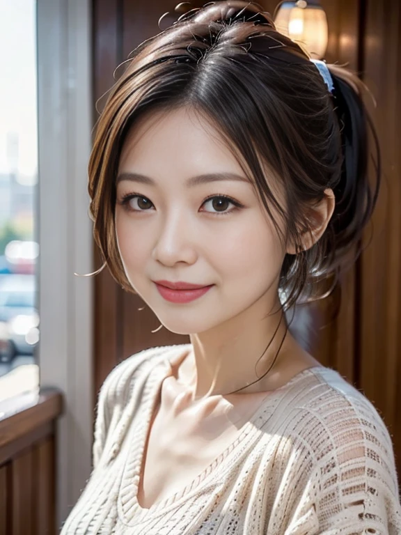 25 years Old woman, sweater, cleavage, beauty face, thin, Updo hair style, small breast