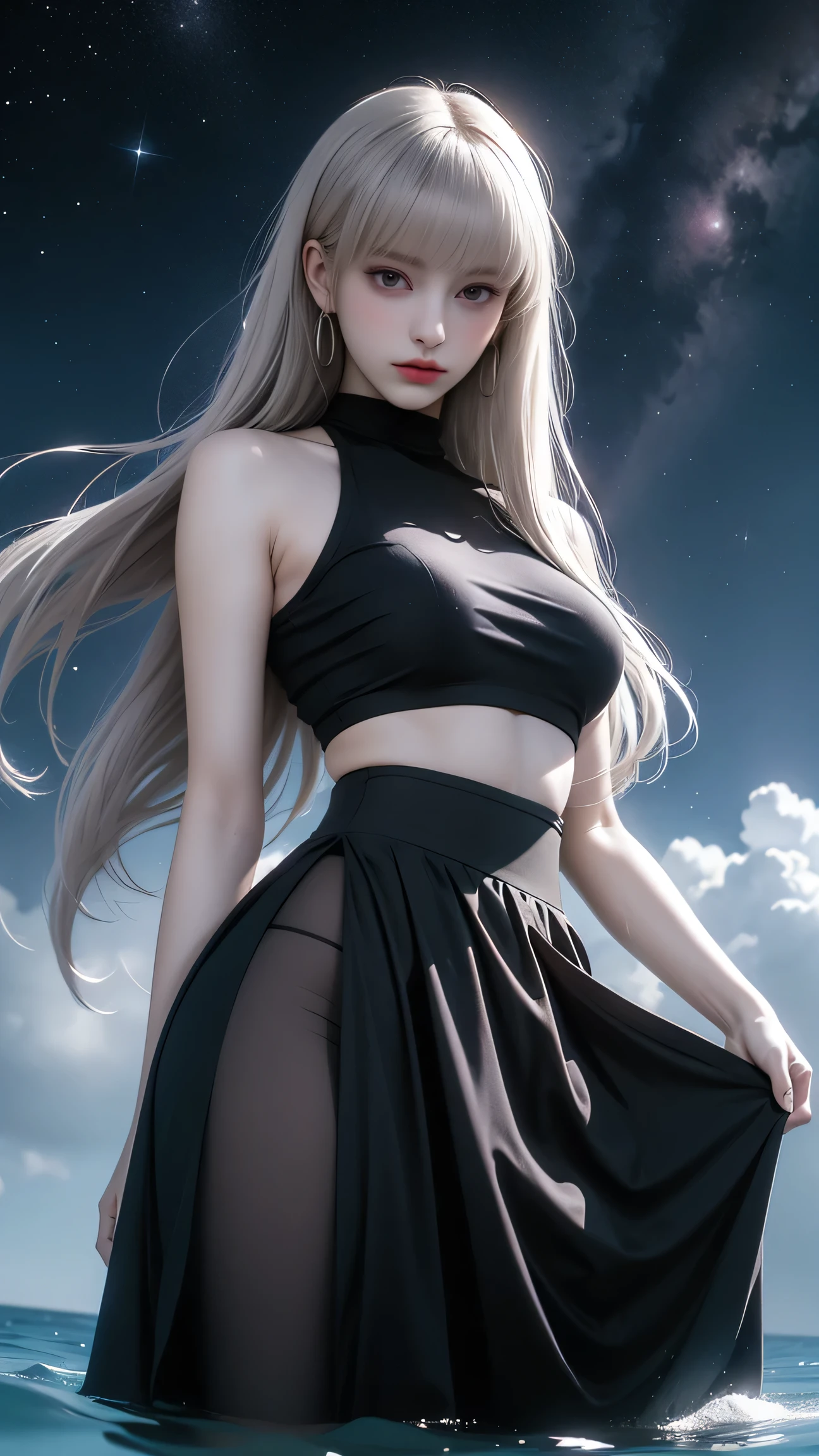 Create a realistic, high-quality image of a stunning young woman with long, flowing white hair and mesmerizing, glowing purple eyes. She has a slightly parted, full lips with a soft blush across her cheeks, adding to her alluring appearance. She is dressed in a form-fitting crop top and a short skirt that accentuates her slender figure, with subtle details such as the outline of a camel toe hinting at the fabric's wetness. The scene is set at night, but with an ethereal glow from the moonlight, casting soft shadows around her. Surrounding her are delicate flowers, bathed in the gentle rays of sunlight that peek through, creating a mystical and enchanting atmosphere. The combination of the night setting and the warm, golden sunlight filtering in gives the image a dreamy and surreal quality.