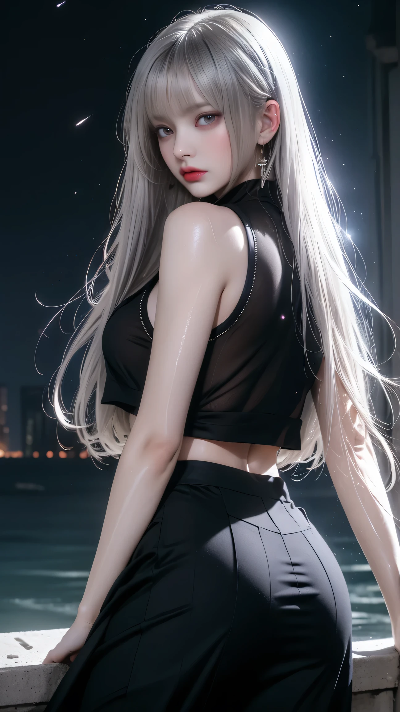 "A Korean girl wearing tight black pants, a white fitted shirt, black lace stockings, green eyes, long white hair, tall legs, and a large chest."