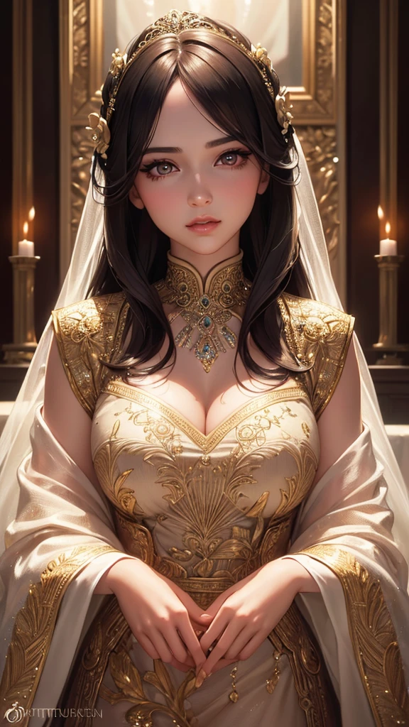A serene and ethereal goddess with long, flowing black hair that shines like silk under the moonlight, beautiful detailed eyes, beautiful detailed lips, extremely detailed eyes and face, long eyelashes, an aura of purity and grace, embodying a sense of quiet elegance, dressed in a well-fitted, structured dress that fully conceals her upper body, including her shoulders, emphasizing her regal and composed demeanor, the dress is simple yet sophisticated, reflecting her modesty and inner strength, a delicate crown made of intertwined gold and silver, adorned with small, glowing gems that resemble stars, facing directly forward, a gentle and warm smile, a tranquil, twilight landscape with soft hues of blue and purple, (best quality,4k,8k,highres,masterpiece:1.2),ultra-detailed,(realistic,photorealistic,photo-realistic:1.37),HDR,UHD,studio lighting,ultra-fine painting,sharp focus,physically-based rendering,extreme detail description,professional,vivid colors,bokeh,portraits