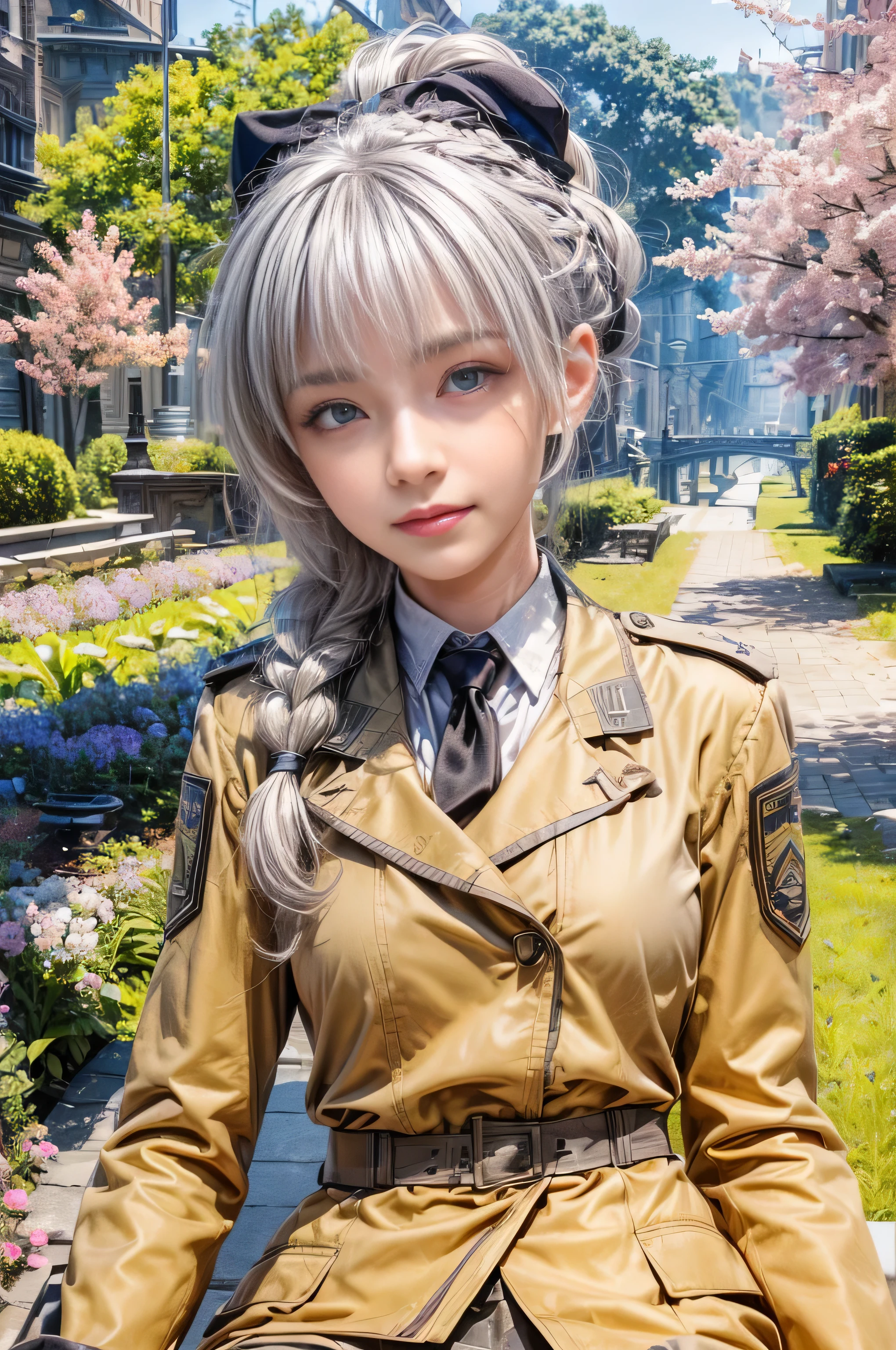 masterpiece, best quality, (realistic,photo-realistic:1.4), (RAW photo:1.2), extremely detailed CG unity 8k wallpaper, delicate and beautiful, amazing,finely detail, official art, absurdres, incredibly absurdres, huge filesize, ultra-detailed,extremely detailed eyes and face,light on face,(little smile),teletha testarossa,(white hair:1.4),(long hair:1.4),(city background:1.4),(wearing military uniform:1.5),braided ponytail,(grey eyes:1.5)