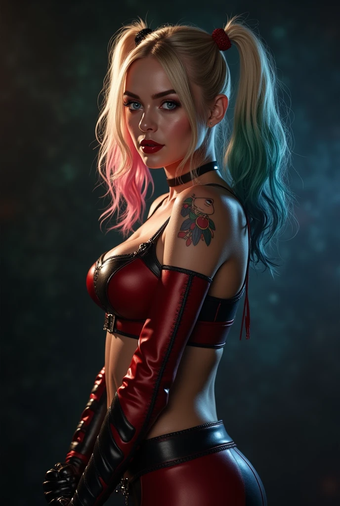 (Harley quinn (blonde hair in red and blue dyed pigtails)) Scantily clad, lingerie. Tattoed, white vest