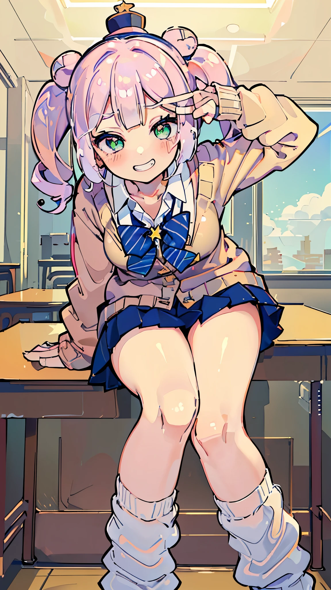 ((masterpiece、Best Quality、Very detailed))、One girl、Pink Hair、twintails、double bun、light green eyes、evil smile、((Grin))、((Small breasts))、((small hat))、((White collared shirt))、Red bow tie、((light brown cardigan))、((Navy blue pleated skirt))、((micro miniskirt))、((Thick thighs))、((white buggysocks))、((bent over))、Classroom Background