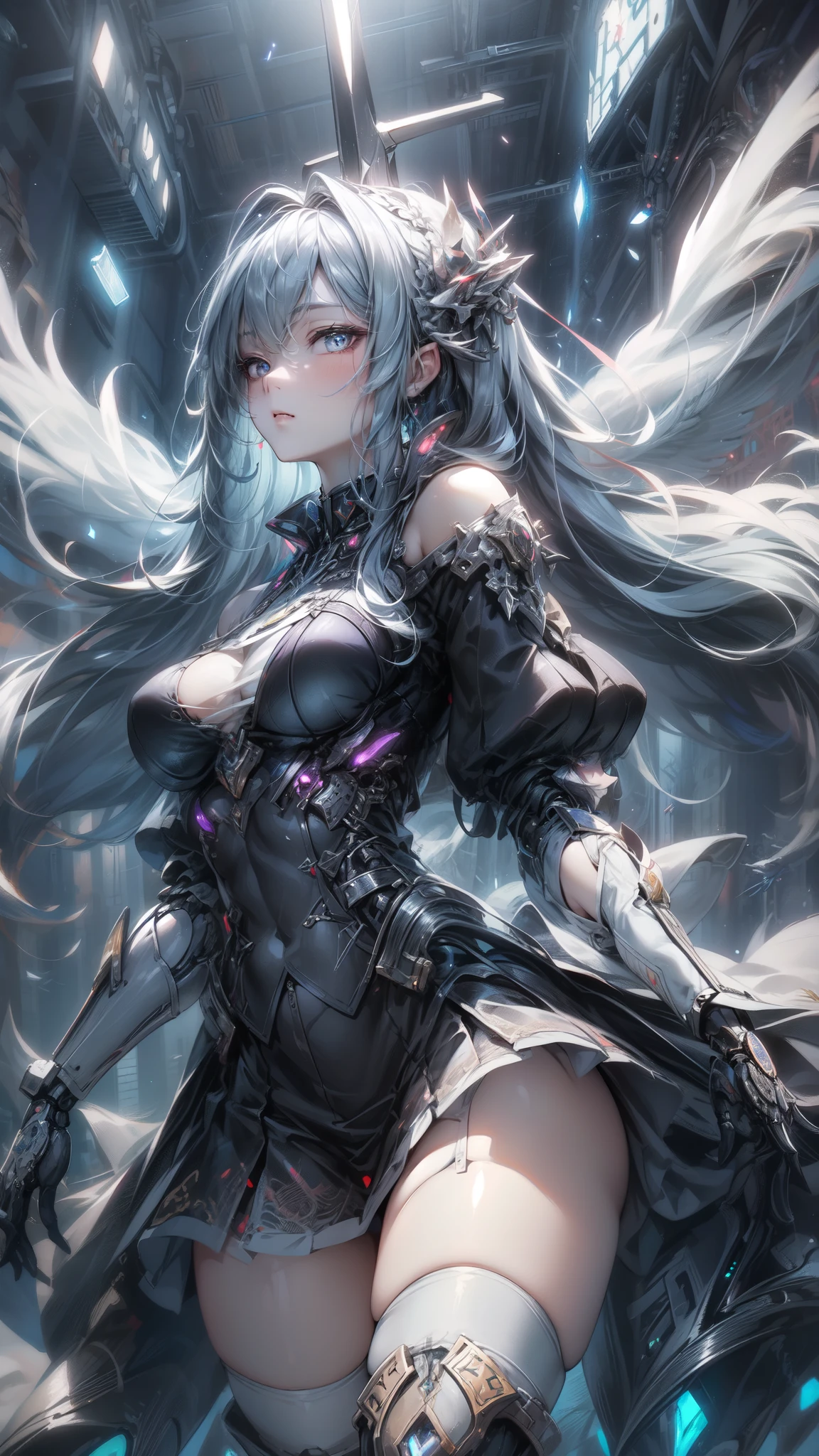 ((Highest quality)), ((Truly a masterpiece)), ((Ultra-detailed:1.4)), ((Ultra-Photorealistic 3D)), Android Magical Girl, Mechanical body, Dynamic action poses for battle scenes, Very complex and heavy fighter aircraft mechanical armament, Off-the-shoulder fashion that combines steampunk and gothic ta with attention to detail, Intricate steampunk headgear, Very thin、Over-the-knee reggae mechanical boots、Fluttering lace flare mini skirt、 Beautiful small breasts directed upwards、Swaying in the Wind、Long, curly silver hair,、Countless large, shining spheres fly around、Lots of sparks cross and fly、Countless neon lights pouring down from the magical pose、Complex and precise mechanical Night City、Very dark background、Very dramatic and cinematic lighting、Big wings on the back8Growing in Sheets。
