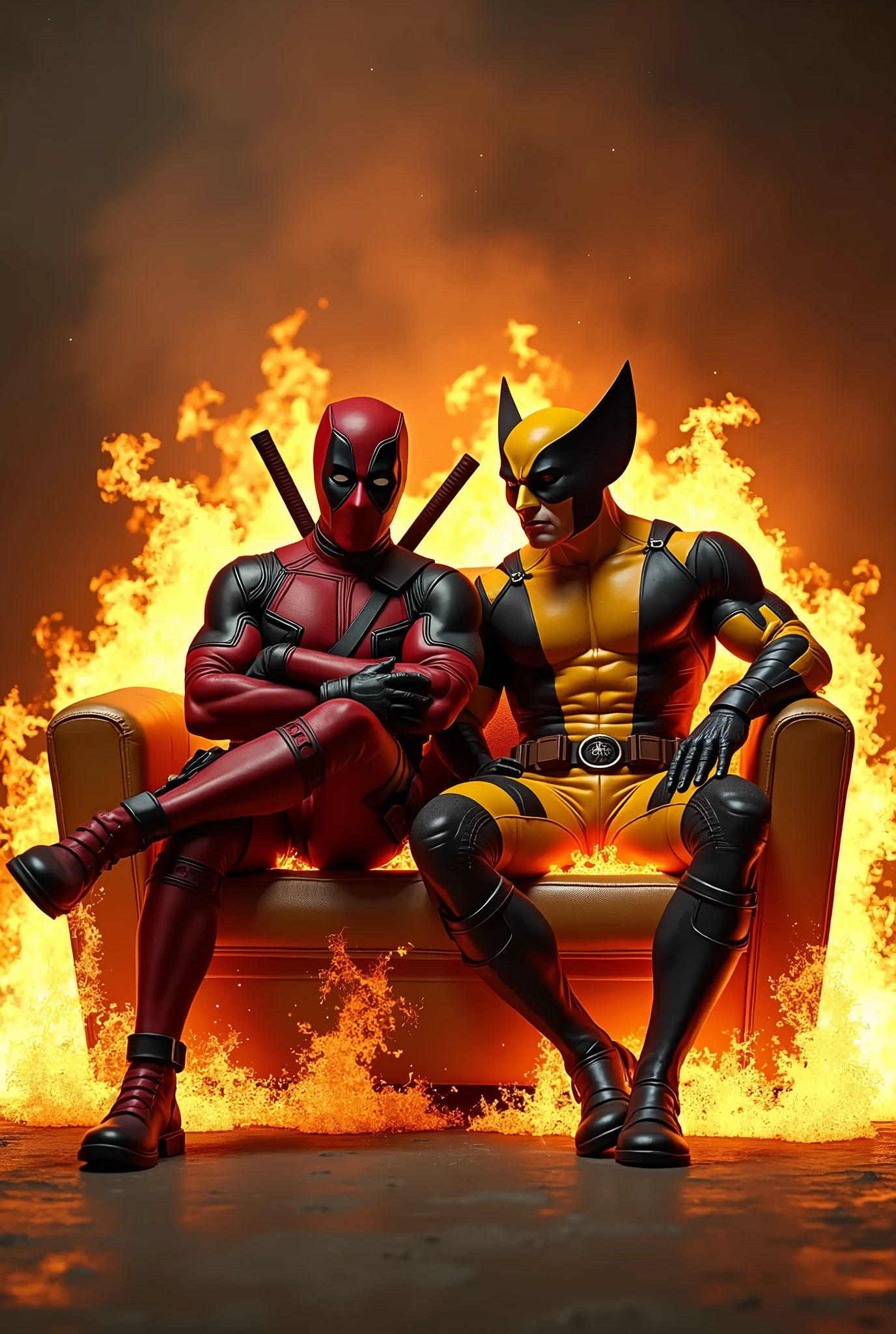 Wolverine in yellow and Deadpool in red worshiping a dominatrix and long kissing each other wearing Chastity belts