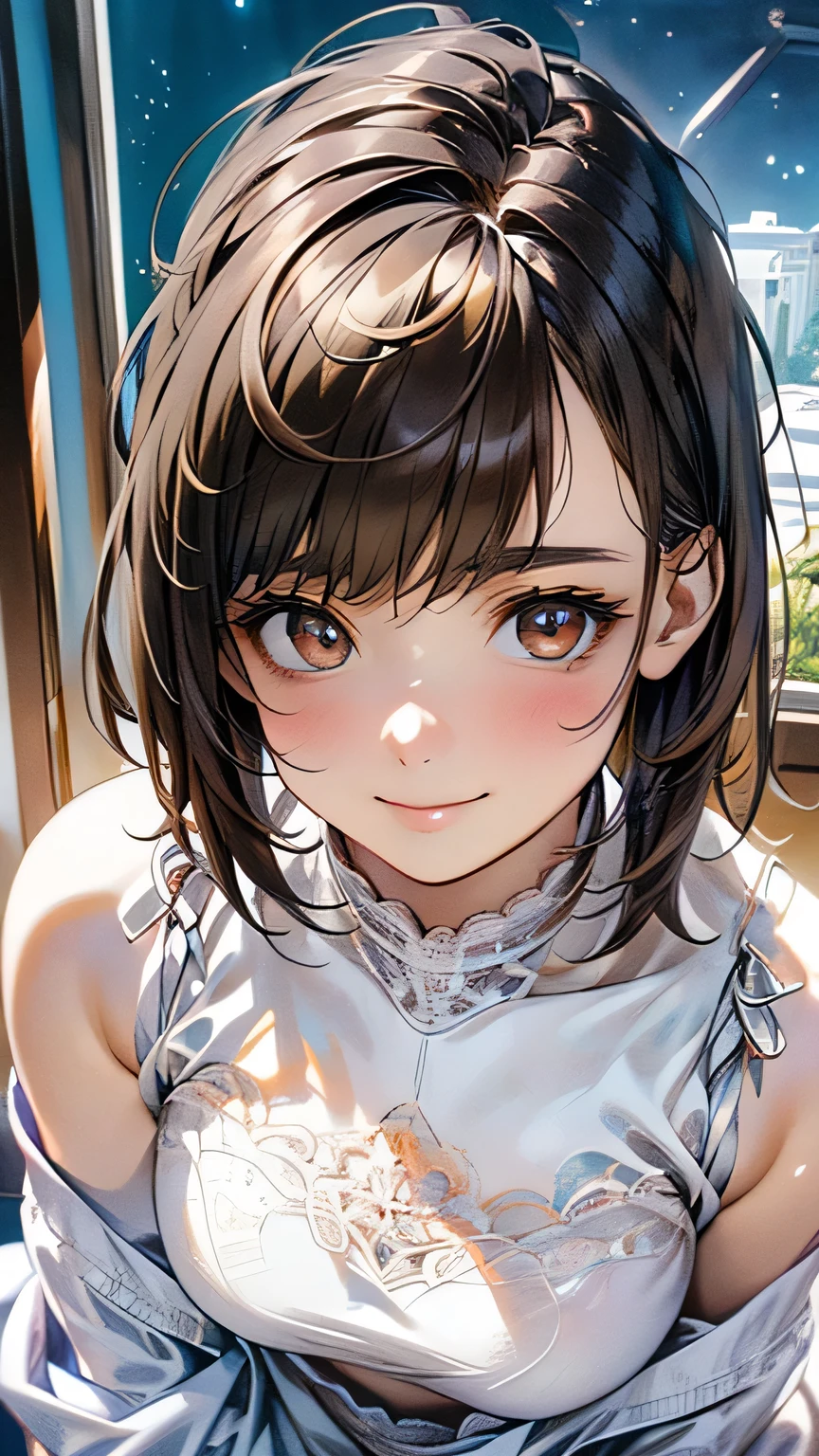 (masterpiece:1.2, Highest quality), (Realistic, photoRealistic:1.4), Beautiful illustrations, (Natural Side Lighting, Cinema Lighting), 
View your viewers, 1 girl, Japanese, Junior high school girl, 14 years old, Perfect Face, cute and symmetrical face, Glowing Skin, thin, 
(Mid-length hair:1.2, Half Up:1.4, Light brown hair), Asymmetrical bangs, Brown eyes, Long eyelashes, (Mid-chest:0.7), 
Beautiful Hair, Beautiful Face, Beautiful details, Beautiful clavicle, Beautiful body, Beautiful fingers, (((Panties are visible))) ((Very large saggy tits)), ((In underwear、White lace underwear))((Fullback panties))Underarm , Slightly , Very large breasts, Full body angle, 14 year old woman , Thick thighs
((Detailed cloth texture)), 
(Beautiful views), evening, (cute, cute smile, Upward glance),