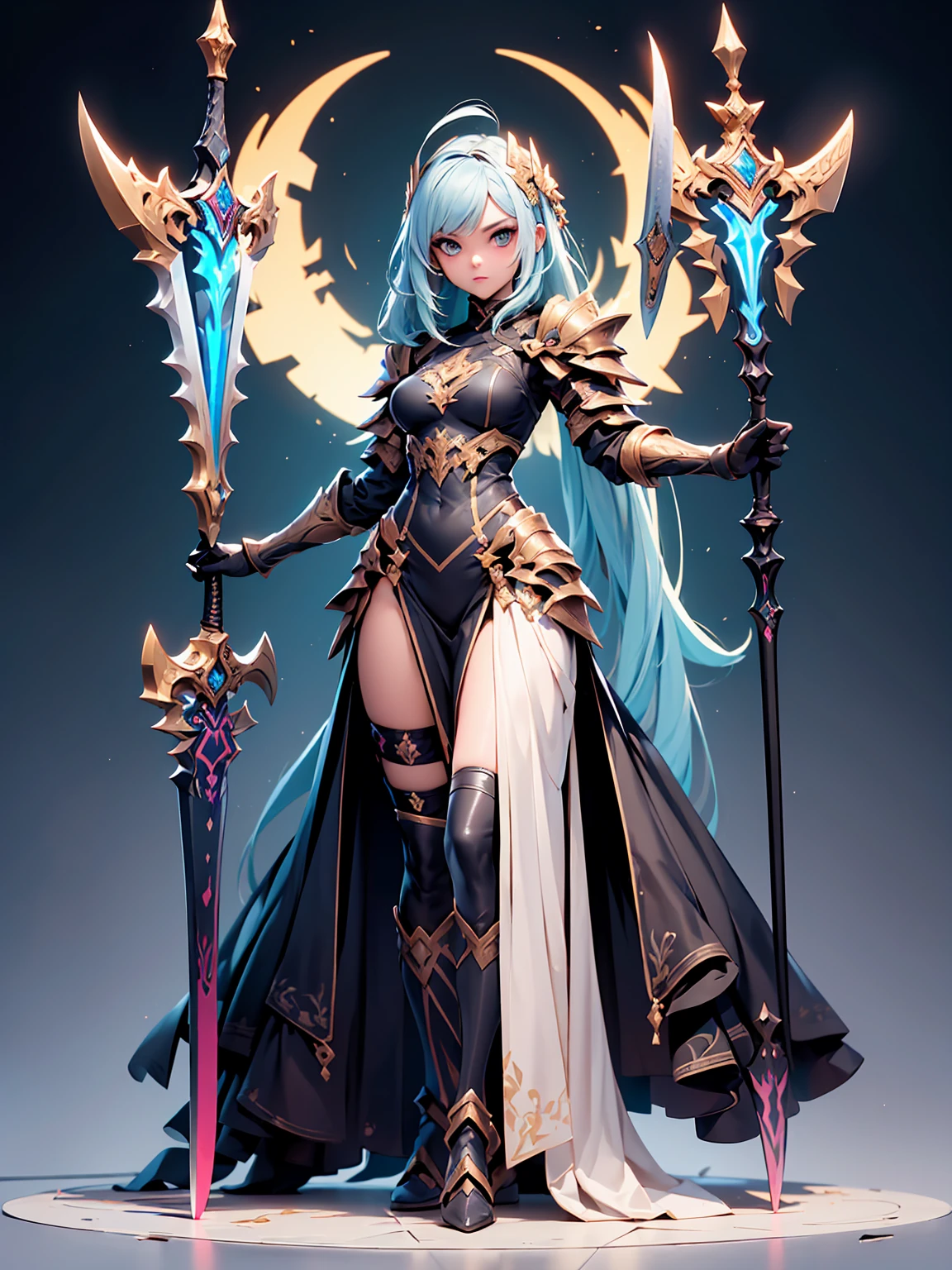 (((masterpiece, best quality, high detailed, 8k))) Design a layout showcase Gaming character, (1girl). Gold+White clothes, stylish and unique. ((showcase weapon:1.4)), celestial bow. (masterpiece:1.2), (best quality), 4k, ultra-detailed. (Step by step design, layout art:1.5), (luminous lighting, atmospheric lighting). celestial archer, ((glove full hands)), (((revealing clothes:1.3))), vambraces, armored legwear, (((full_body_shot:1.4))). {In a starry sky}.