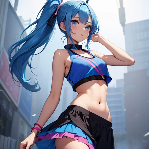 (((anime-style cute face)))、(((20-year-old woman))),(((Light blue twintails))),Highest quality, ((Sharp details)), (8k, RAW Photos, Highest quality, masterpiece), (looking at the camera),((((Ahegao))))、Very big eyes、anatomically correct body、Big thighs、The face is bright、Professional Lighting、Cute little breasts、Cleavage、Nipples、Beautiful areola、(Lewd)、Lots of sweat、Soaking wet、(Cheerful pose)、(Cute cheerleader outfits in pink and black)、(Fluttering super mini skirt:1.2)、(Fitted clothing)、wrinkles of the female genitalia、((Black glossy tights))、Full body view、Athletics Stadium、