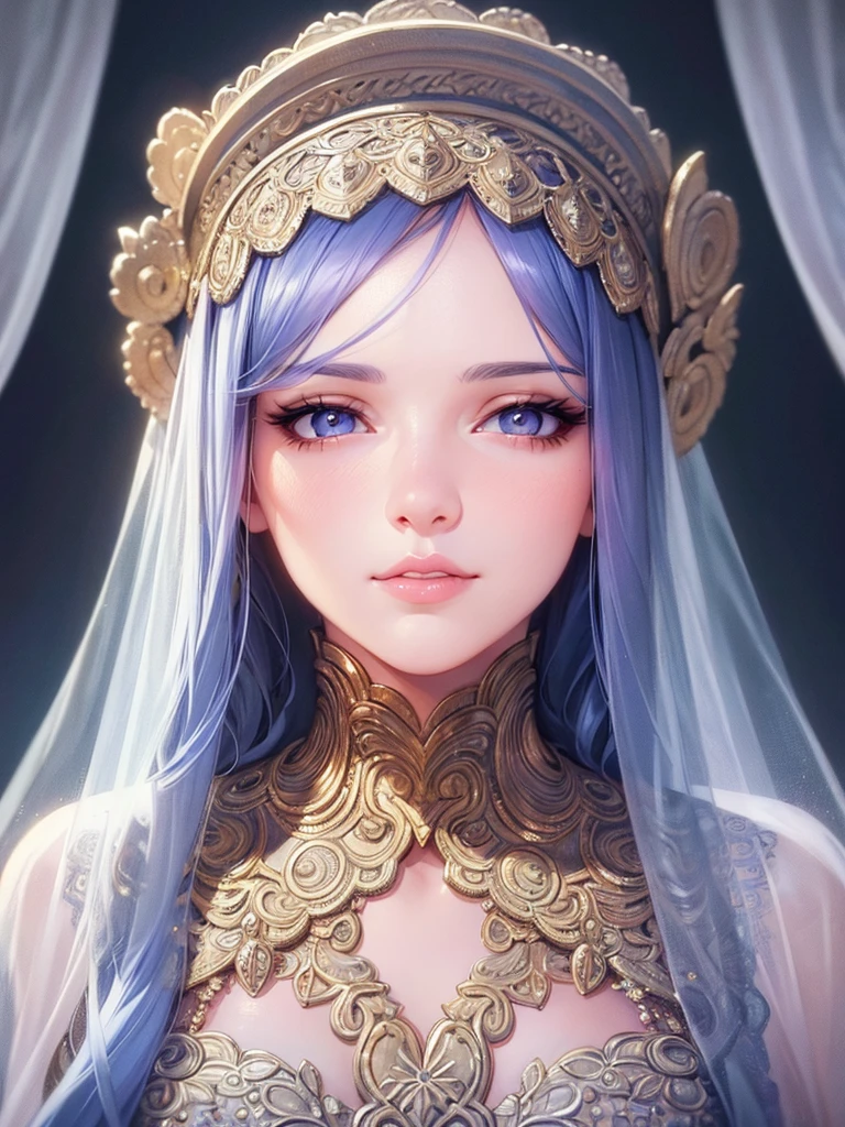 a chubby elegant woman in a white and gold veil covering her eyes, fingers on her lips, long silver nails, black background, photo-realistic, high quality, intricate details, oil painting, dramatic lighting, muted colors, mysterious atmosphere