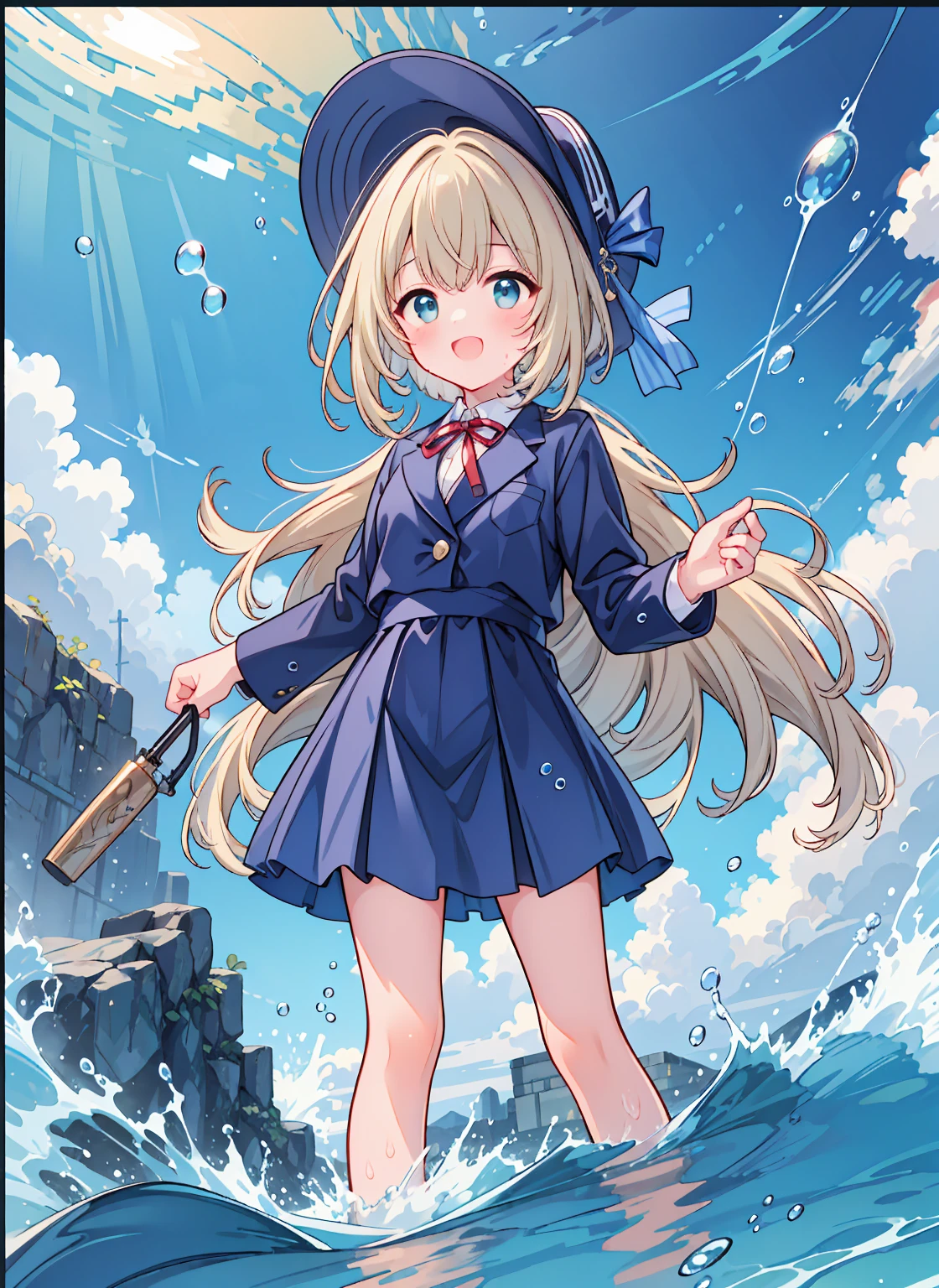 (8k, Best Quality, masterpiece: 1.2),Ultra-high resolution, 1 person, cute, Alone,Highly detailed face, Standing, blonde, blazer, shirt, blouse, ribbon, navy blueのシワ付スカート, navy blue, gothic long skirt, sea, sea水浴, Soaking wet, Splash, Water Play, Wet from head to foot, Splash, Submersion, Childish, The best smile, date, Excited, Water droplets on the body, Water up to my chest, Standing, 