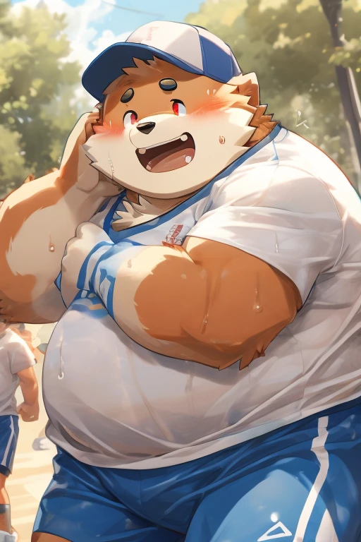 a baby face, Musclegut, Bigchest, cute werewolf bear cub,Baseball catcher , blush,anguished expression, crouching down,Gripping the penis, Sweating, Precum drips, bulging testicles, baseball field, Shot from a distance