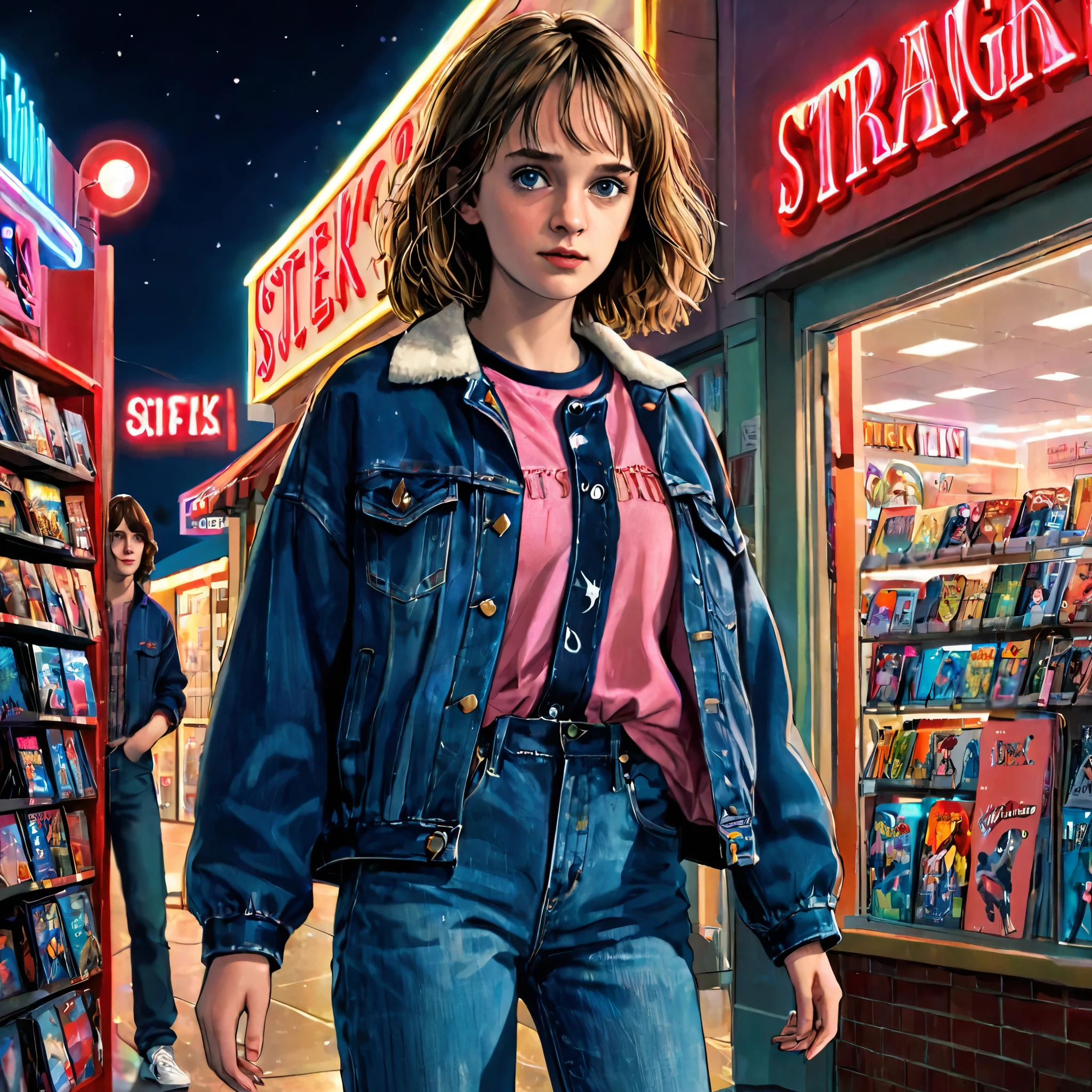 maya thurman-hawke, robin buckley, stranger things, netflix, 18 years old, wearing jeans and jacket, in the background a movie store, front view
