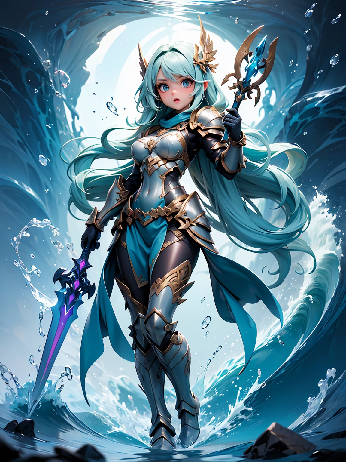 Hot Sexy girl wear Angler Bikini Armor with Ocean Aura, Full Body
