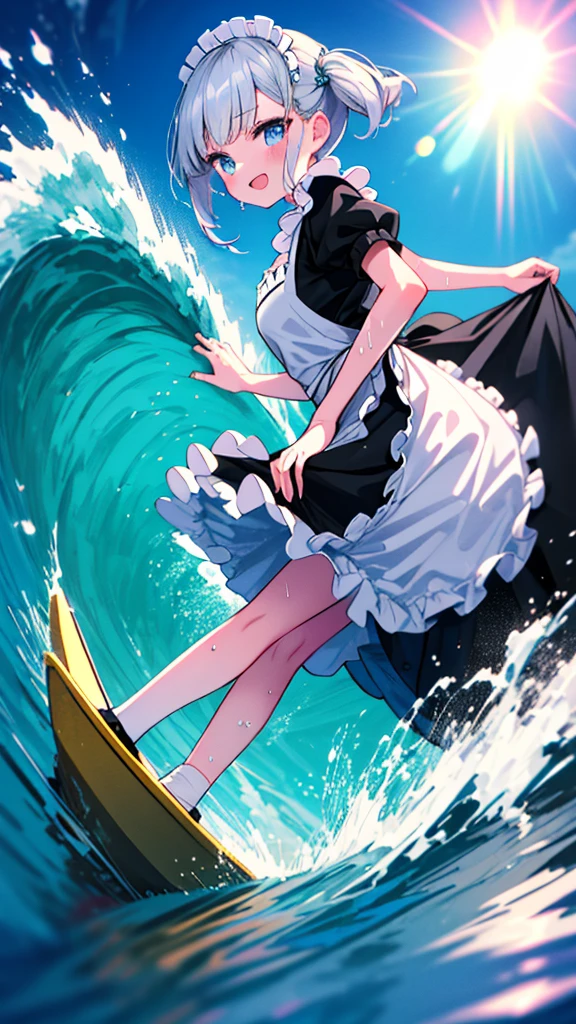 (8k, Best Quality, masterpiece: 1.2),Ultra-high resolution, 1 person, solo,Highly detailed face, Apron dress, Black Dress, White apron, black and white maid outfit, Random Hairstyles, Gay Hair, surfing, sea, Wave, sunlight, Ecstatic expression, Splash, Overall image, Flooding, Wet