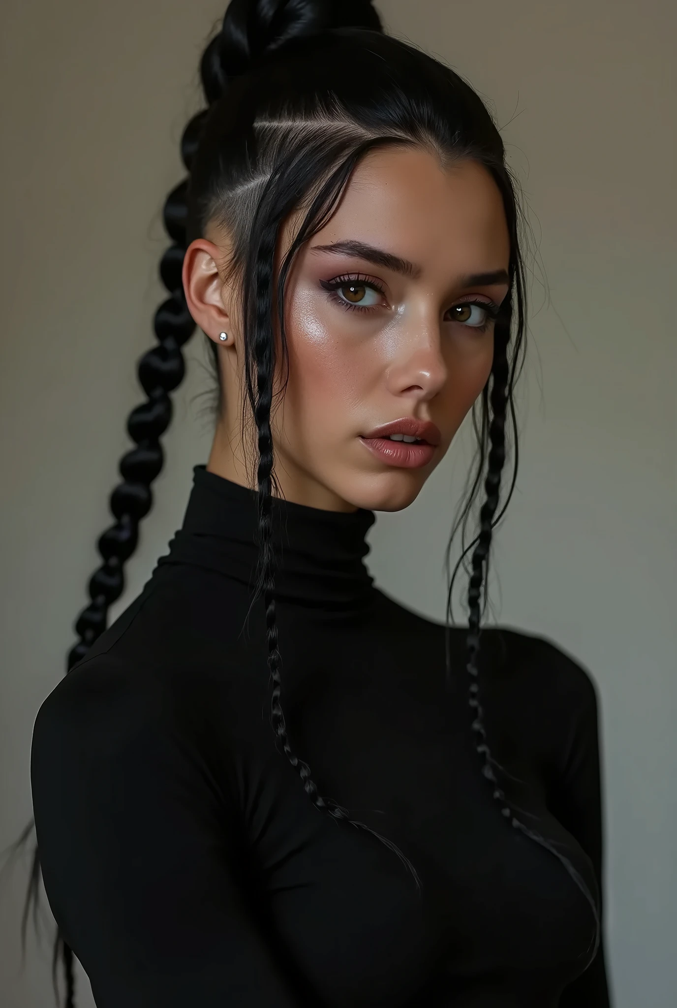 Emily Ratajkowski, submissive and orgasmic, symbiotic black eyes, (pink dream world aesthetic), (astral realm aesthetic 3d background), (dream color contrast), ((exposed viejas hipercadenas)), (Snowpunk), (gothic snowboarder babe), ((cannabispunk)), ((THC aesthetics)), cannagótico, ((gothic aesthetic)), (mujer hiperhermosa), belleza exagerada, Punto de vista desde arriba, mirando al espectador, (aesthetically designed cybernetic human woman), ((POV from above of a lonely 21 year old woman)), viejas hipercadenas, glowing bionic eyes, bionic third eye on the forehead, psychic, astral projection, maquina espiritual, peinados emos, Magic forest landscape, cronomante(una mujer), un mago manipulador del tiempo, Diosa de las galaxias, Vista de tres lados, High Definition, Obra maestra, anatomically correct, piel texturizada, super detail, alta calidad, high resolution, 16k, Black hair with cyber braids..!!, long eyelashes