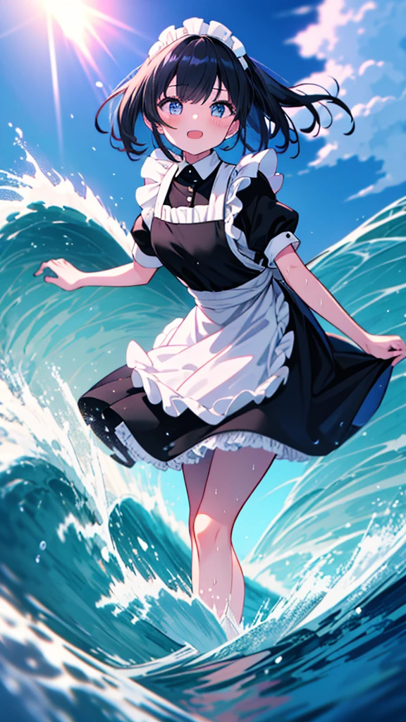 (8k, Best Quality, masterpiece: 1.2),Ultra-high resolution, 1 person, solo,Highly detailed face, Apron dress, Black Dress, White apron, black and white maid outfit, Random Hairstyles, Gay Hair, surfing, sea, Wave, sunlight, Ecstatic expression, Splash, Overall image, Flooding, Wet