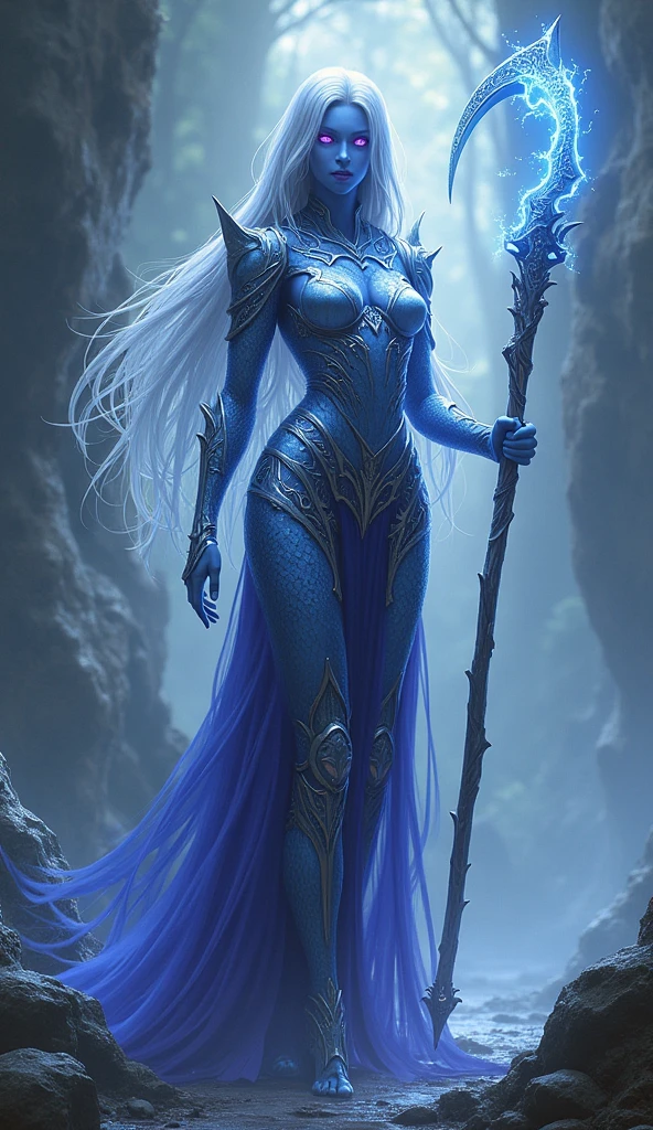 best quality,4k,8k,highres,masterpiece:1.2,ultra-detailed,realistic:1.37,HDR,UHD,ultra-fine painting,sharp focus,physically-based rendering,extreme detail description,professional,art nouveau,tarot card style, (2characters), dynamic angle, dynamic pose, fierce expression, Full body, alien female, A female spellblade wielding a translucent blue sword is accompanied by a guardian spirit. The sword hungers for souls as it glows with ethereal energy. The woman is protected by the guardian spirit, which emanates a comforting and powerful presence., Flowing silver hair., The atmosphere is reminiscent of the mysterious and enchanting world of the Final Fantasy X game, with elements of JRPG. The scene is filled with vibrant colors, capturing the essence of the fantasy universe. The lighting casts a warm glow, highlighting the intricate details of the female spellblade, and the guardian spirit. As the female spellblade gracefully maneuvers her weapon, the kodama spirits watch from the surrounding forest, adding an extra layer of magical intrigue to the scene., Concept art inpired by Jean Giraud Moebius, The overall quality of the generated image is of the highest standard, with ultra-detailed visuals to bring this captivating composition to life. The artwork is reminiscent of a masterpiece, exhibiting the finest craftsmanship in the medium of digital illustration., Yoshitaka Amano style, fractalized, organic exoskeleton,glass exoskeleton,alien flora,(bioluminescent fungi),vivid colors,pale purple hues,trending on cgsociety,landscape,horror,sci-fi,concept artists,bright and vibrant colors,dreamy lighting