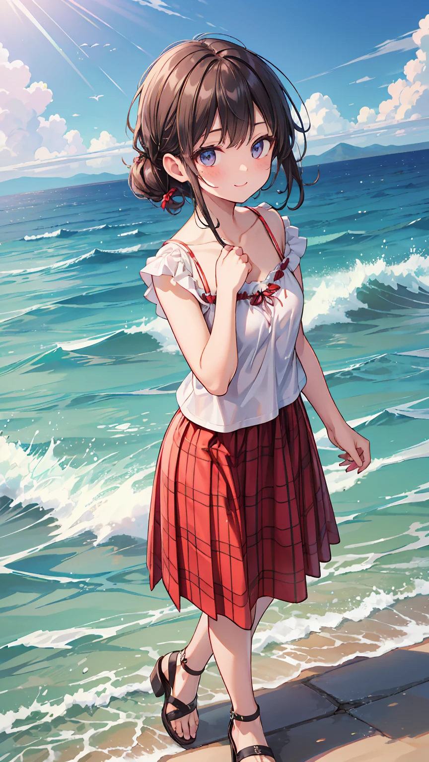 (8k, Best Quality, masterpiece: 1.2),Ultra-high resolution, 1 person, cute, Alone ,Small breasts, Highly detailed face, 白いLong skirt, The top is a red gingham checked camisole., Short sleeve, 白色のLong skirt, The top is a red gingham checked camisole., 白色のShort sleeve, Gladiator Sandals, sea, Long skirt, Lots of water, Water Play, Water up to one&#39;s chest, Childlike, Bright smile, 