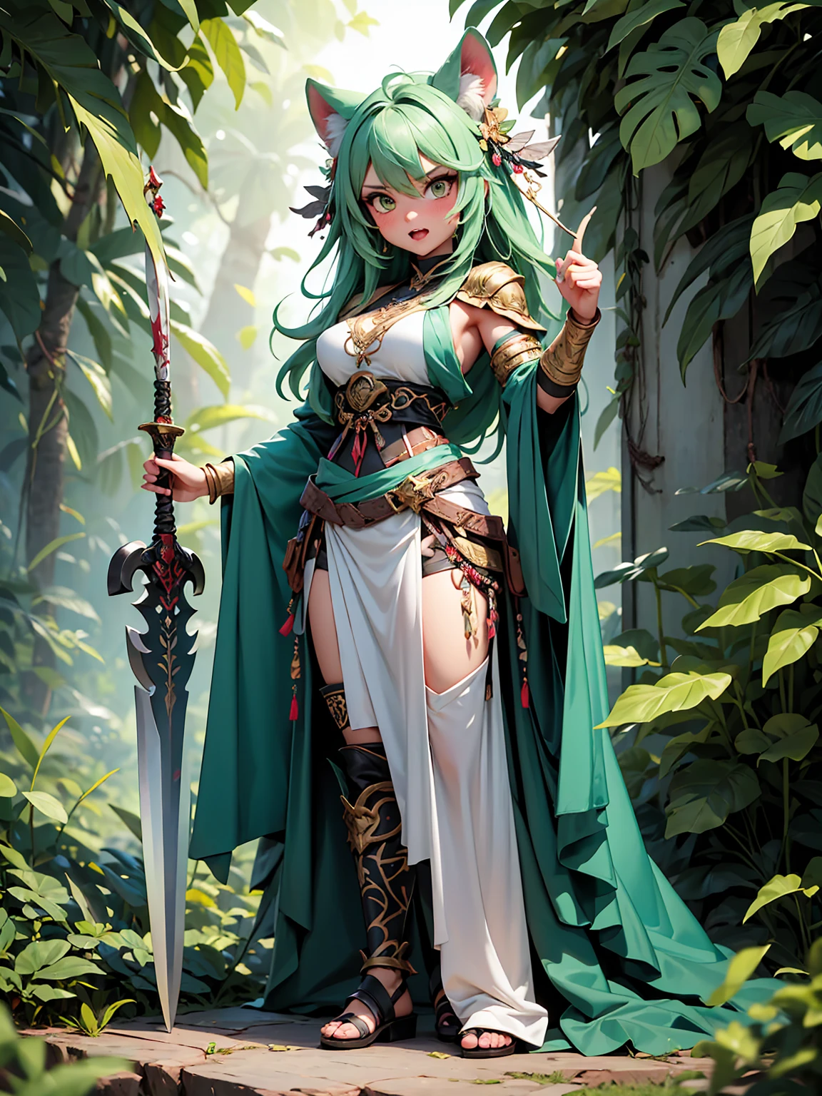 fantasy, 1forest_elemental_girl, (dark_skin)0.9, (using_leaves_clothes, green_leaves_covered_breasts, leaves_covered_pussy),large_breasts, walking, (smile, sleepy)+, medium_hair, navel, oil, (winding_vine_around_torso)++, forest_background, leaves_headgear, green_leaves_cape,armpits, spread_arms, large_staff, thighhighs, plump,