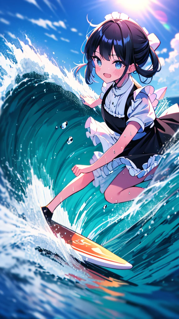 (8k, Best Quality, masterpiece: 1.2),Ultra-high resolution, 1 person, solo,Highly detailed face, Apron dress, Black Dress, White apron, black and white maid outfit, Random Hairstyles, Gay Hair, surfing, sea, Wave, sunlight, Ecstatic expression, Splash, Overall image, Flooding, Wet