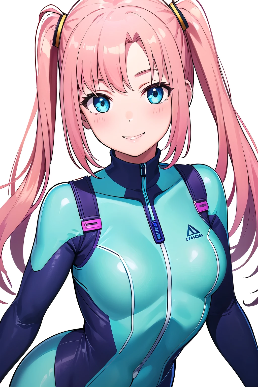 1girl,Samus aran,solo,green eyes, pink hair, forehead hair, zero suit ,purple stripes,cowboy shot,blush,,Science fiction,ultra-detailed,sharp focus,aesthetic,(best quality), white background, erotic smile
