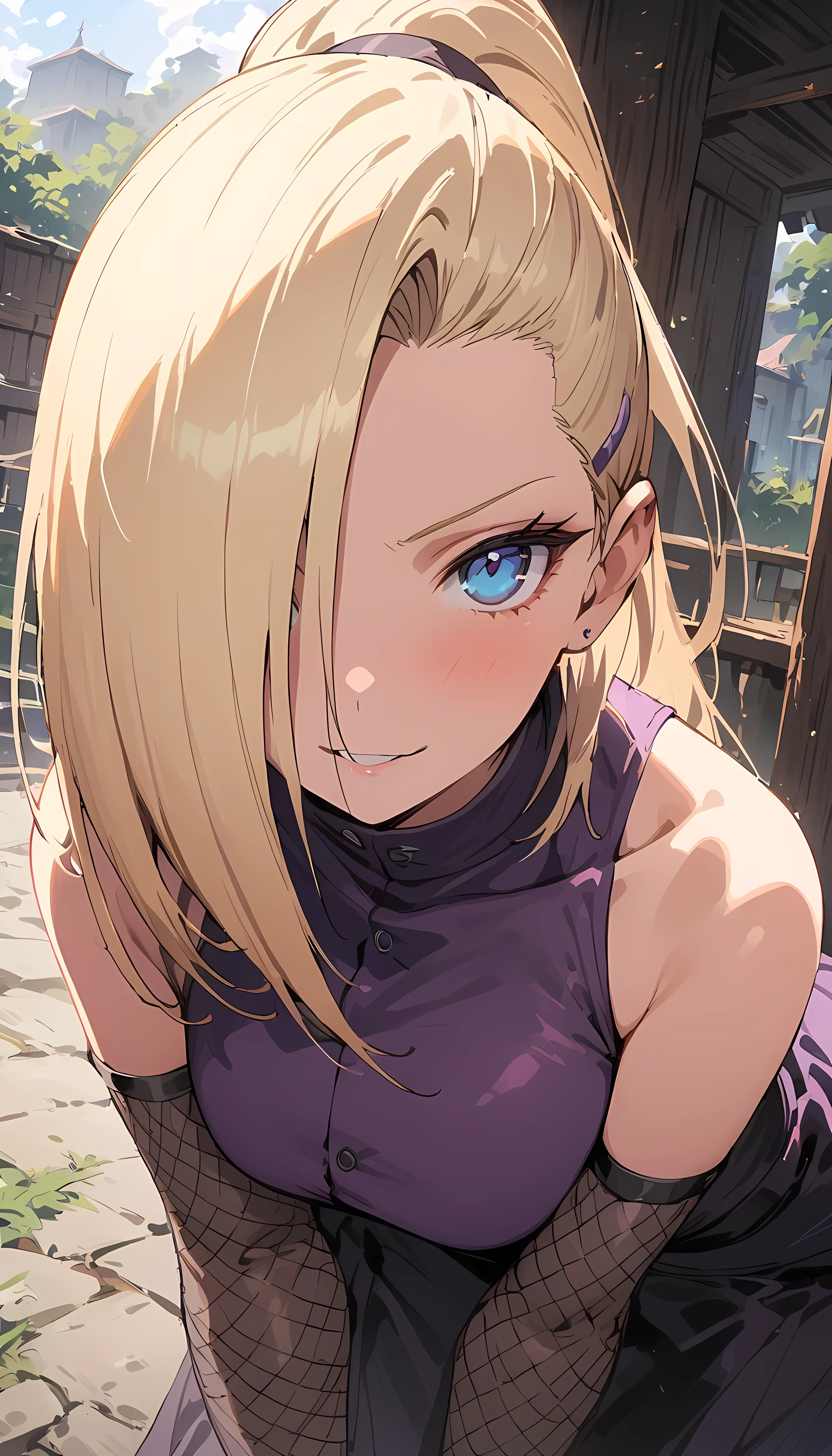 (masterpiece), best quality, expressive eyes, perfect face, 1 girl, solo, yamanaka ino, blonde hair, blue eyes, purple crop top, separate sleeves, purple skirt, mesh sleeves, meshes, outdoors, natural lighting, full body, portrait, looking at viewer, sexy pose