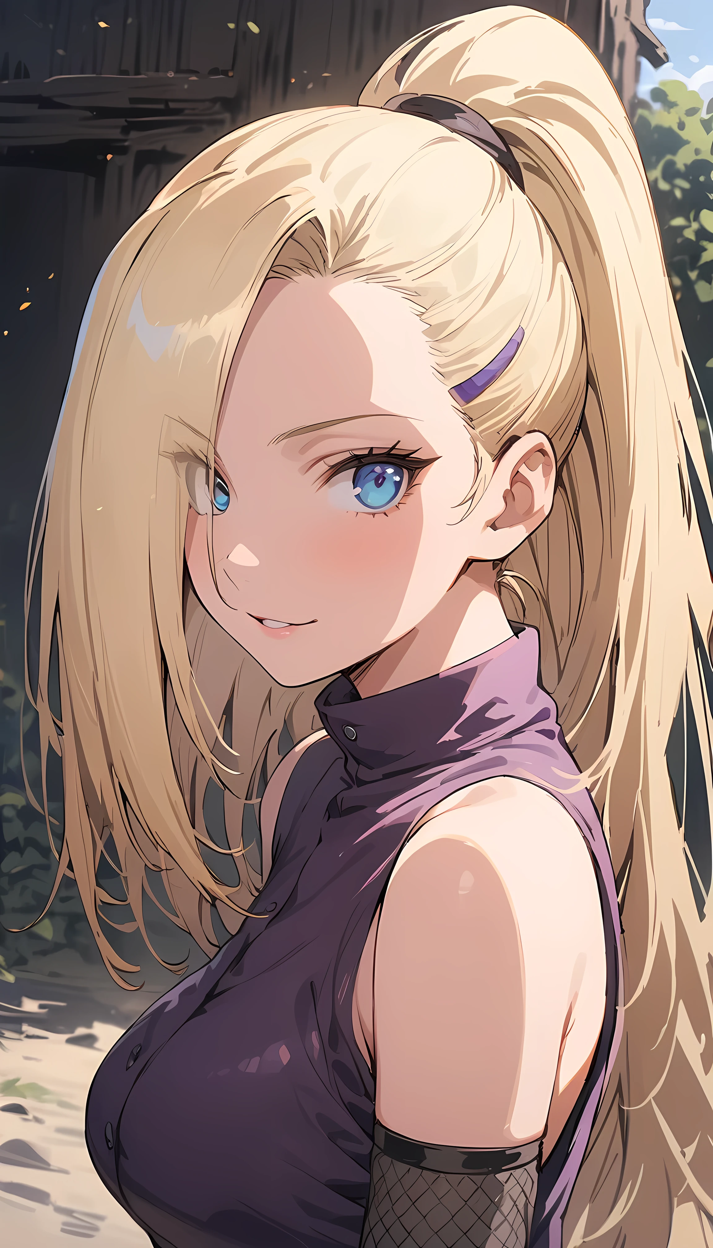 (masterpiece), best quality, expressive eyes, perfect face, 1 girl, solo, yamanaka ino, blonde hair, blue eyes, purple crop top, separate sleeves, purple skirt, mesh sleeves, meshes, outdoors, natural lighting, full body, portrait, looking at viewer, sexy pose