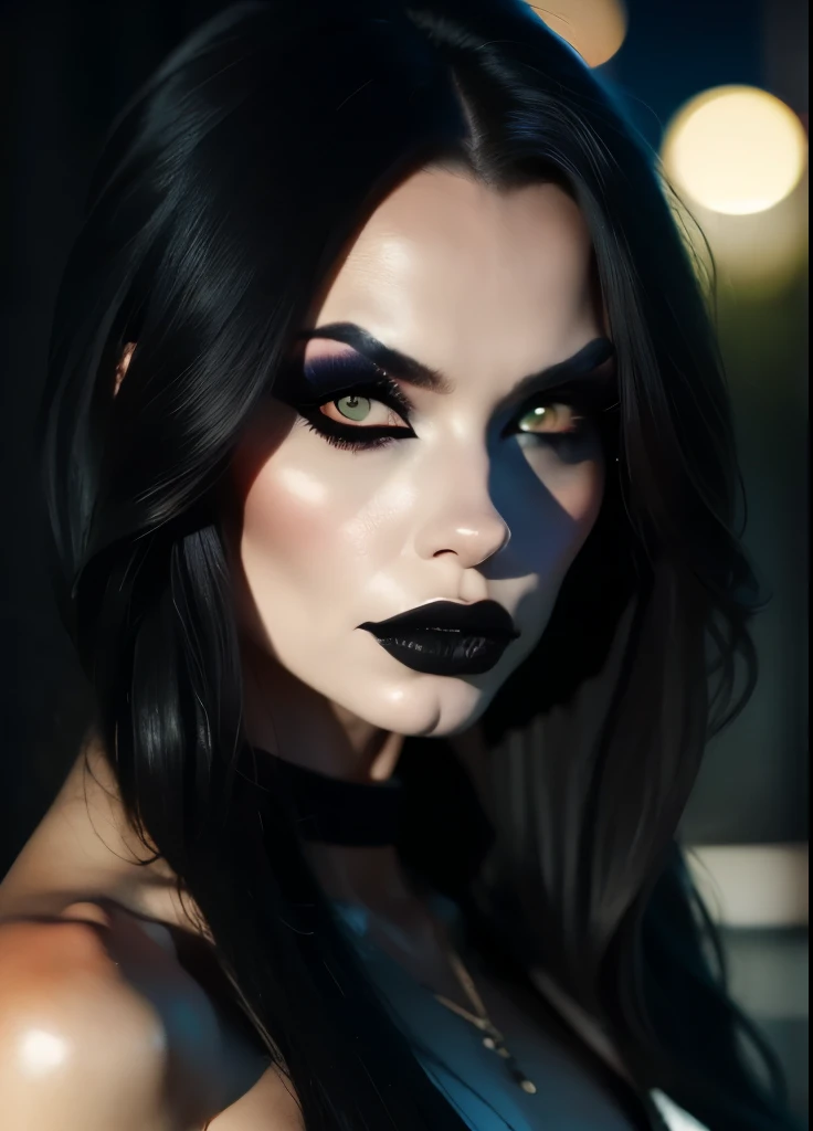 (masterpiece,detailed,highres:1.4) , model shot, close up, detailed face, fine detailed eyes, The most beautiful gothic girl in the world, ((long black hair with fringe, goth makeup)), ((hot Body)), form fitting clothing, pantyhose, ((dark cemitery background, night, under The moonlight)), gothic theme, gothic clothing, natural lighting. UHD, accurate, textured skin, super detail, high details, high quality, highres, 1080P, 4K