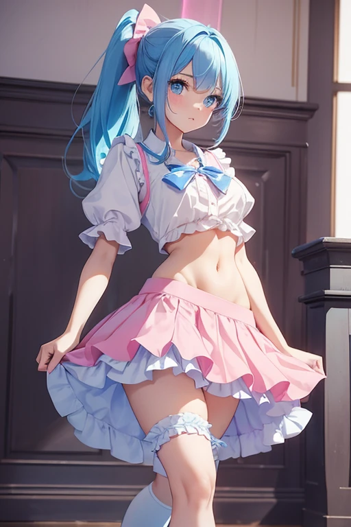 Semi transparent shirt,exposed breast,skirt lift,cyan panties,small breasts,smile