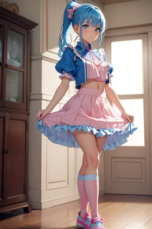 (masterpiece, best quality), (detailed face and eyes) Rem from Rezero, beautiful girl, (detailed beautiful eyes) underwear, pink ballet tutu, full body shot, short blue hair, blue hair, loose hair, blue eyes, visible bellybutton, ballet pose