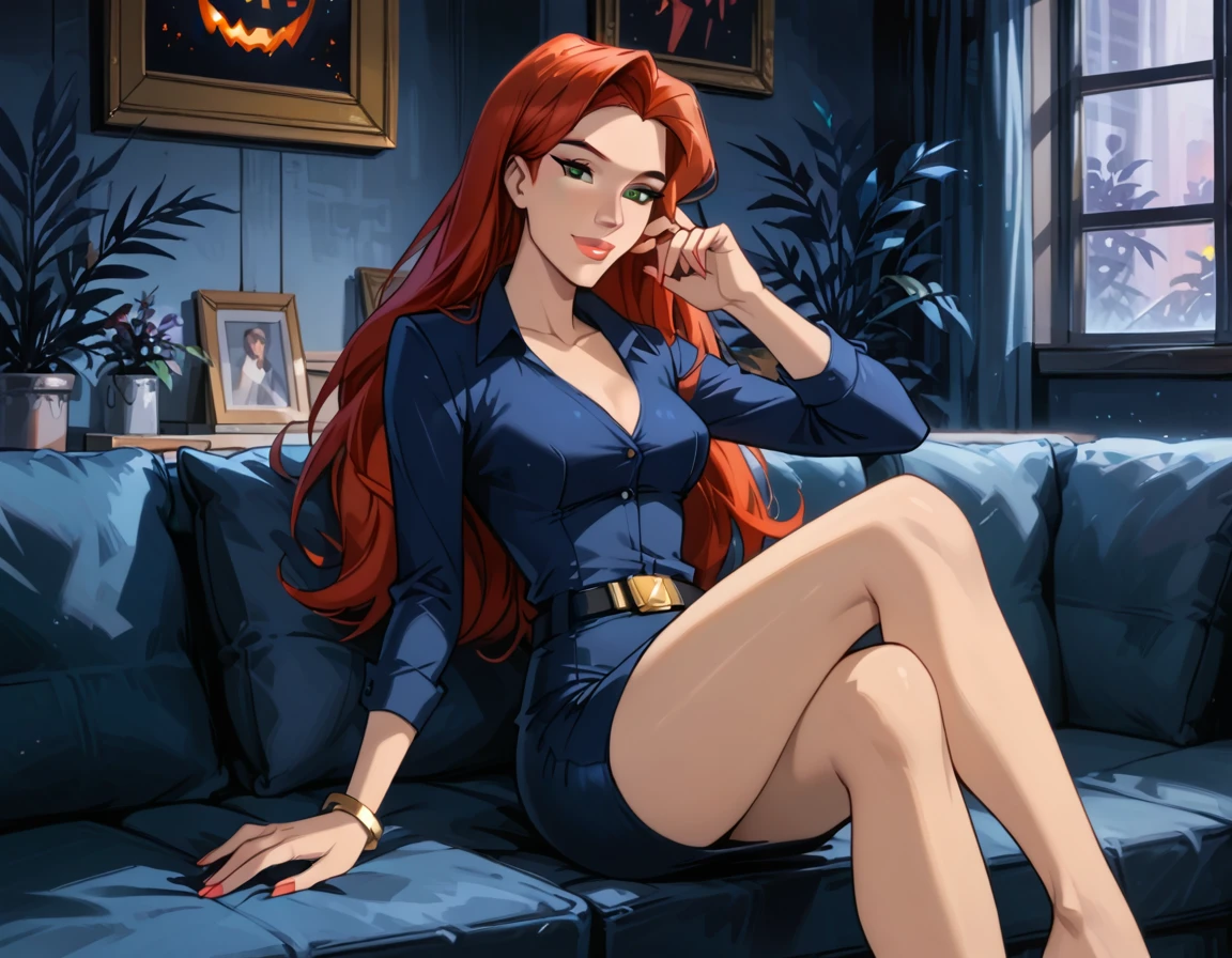 score_9, score_8_up, score_7_up, cinematic film still, solo, 1girl, very sexy (Jean Grey, Evolution, long hair, red hair, green eyes:1.3), (beautiful waifu, thicc, long legs:1.2), (wearing tight pencil skirt, belt, blouse:1.4) cleavage, sexy look, sweet smile, half-closed eyes, head tilt, filled lips, thick lips, makeup, relaxing on a large comfy sofa, in the living room, Halloween theme, haunted, night, dark, expressiveh d4rk01l, perfect hands, perfect proportions, dimly lit.