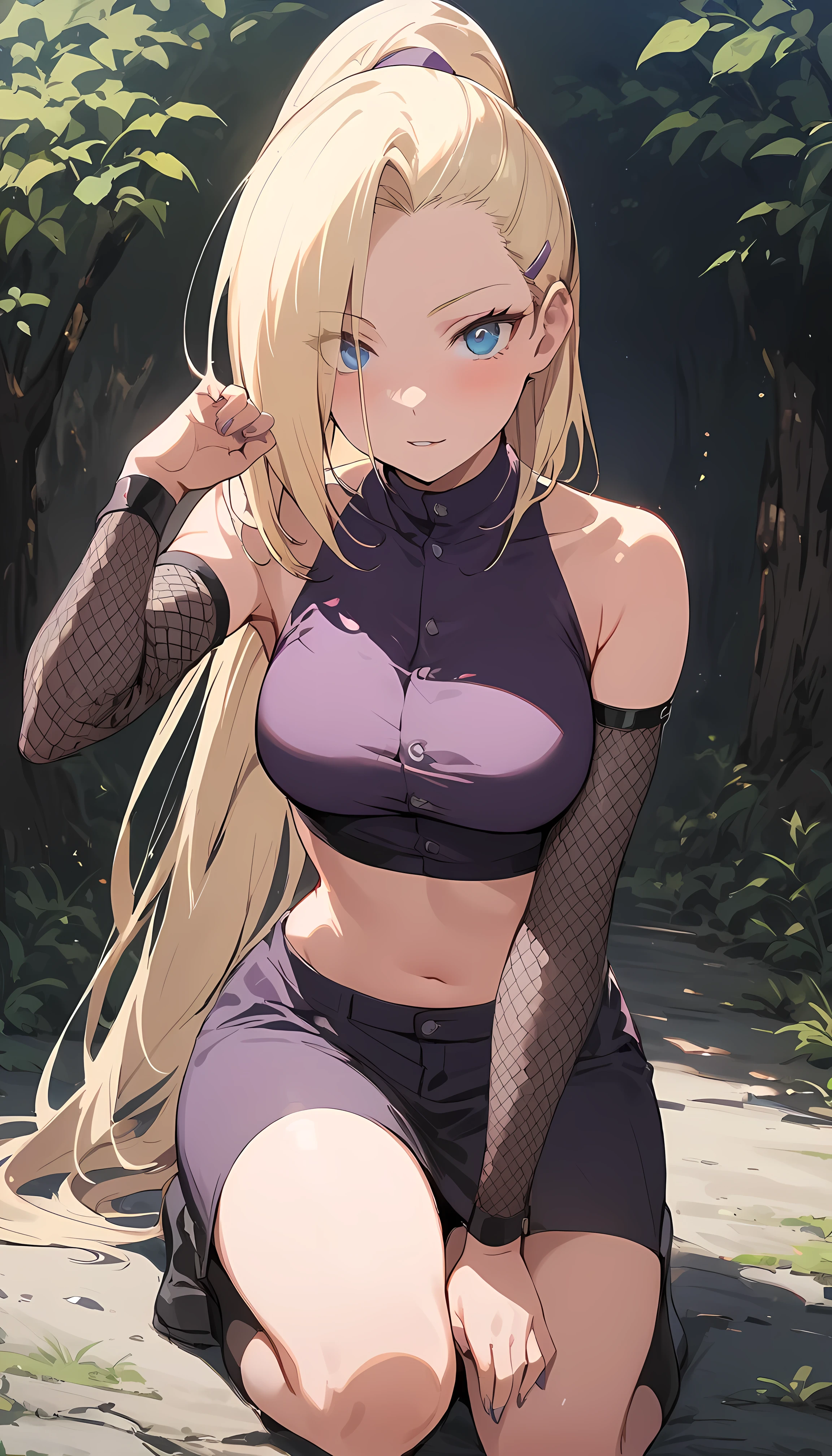 (masterpiece), best quality, expressive eyes, perfect face, 1 girl, solo, yamanaka ino, blonde hair, blue eyes, purple crop top, separate sleeves, purple skirt, mesh sleeves, meshes, outdoors, natural lighting, full body, sexy pose, seductive pose