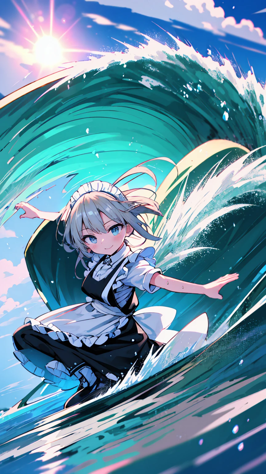 (8k, Best Quality, masterpiece: 1.2),Ultra-high resolution, 1 person, solo,Highly detailed face, Apron dress, Black Dress, White apron, black and white maid outfit, Random Hairstyles, Gay Hair, surfing, sea, Wave, sunlight, Ecstatic expression, Splash, Overall image, Flooding, Wet