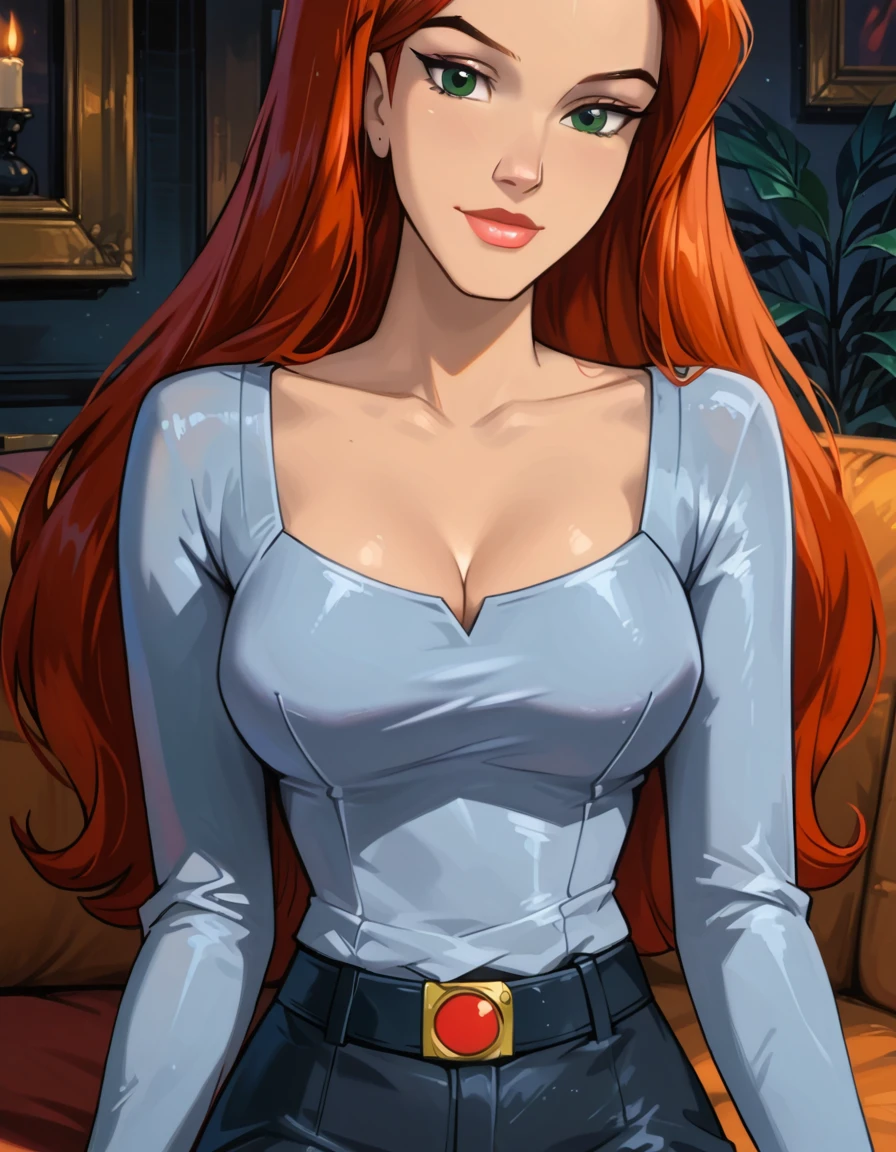 score_9, score_8_up, score_7_up, cinematic film still, solo, 1girl, very sexy (Jean Grey, Evolution, long hair, red hair, green eyes, retro artstyle:1.3), (beautiful waifu, thicc:1.2), (wearing tight pencil skirt, belt, blouse:1.4) cleavage, sexy look, sweet smile, half-closed eyes, head tilt, filled lips, thick lips, makeup, relaxing on a large comfy sofa, in the living room, Halloween theme, haunted, night, dark, expressiveh d4rk01l, perfect hands, perfect proportions, dimly lit, (face portrait, close-up shot:1.5).