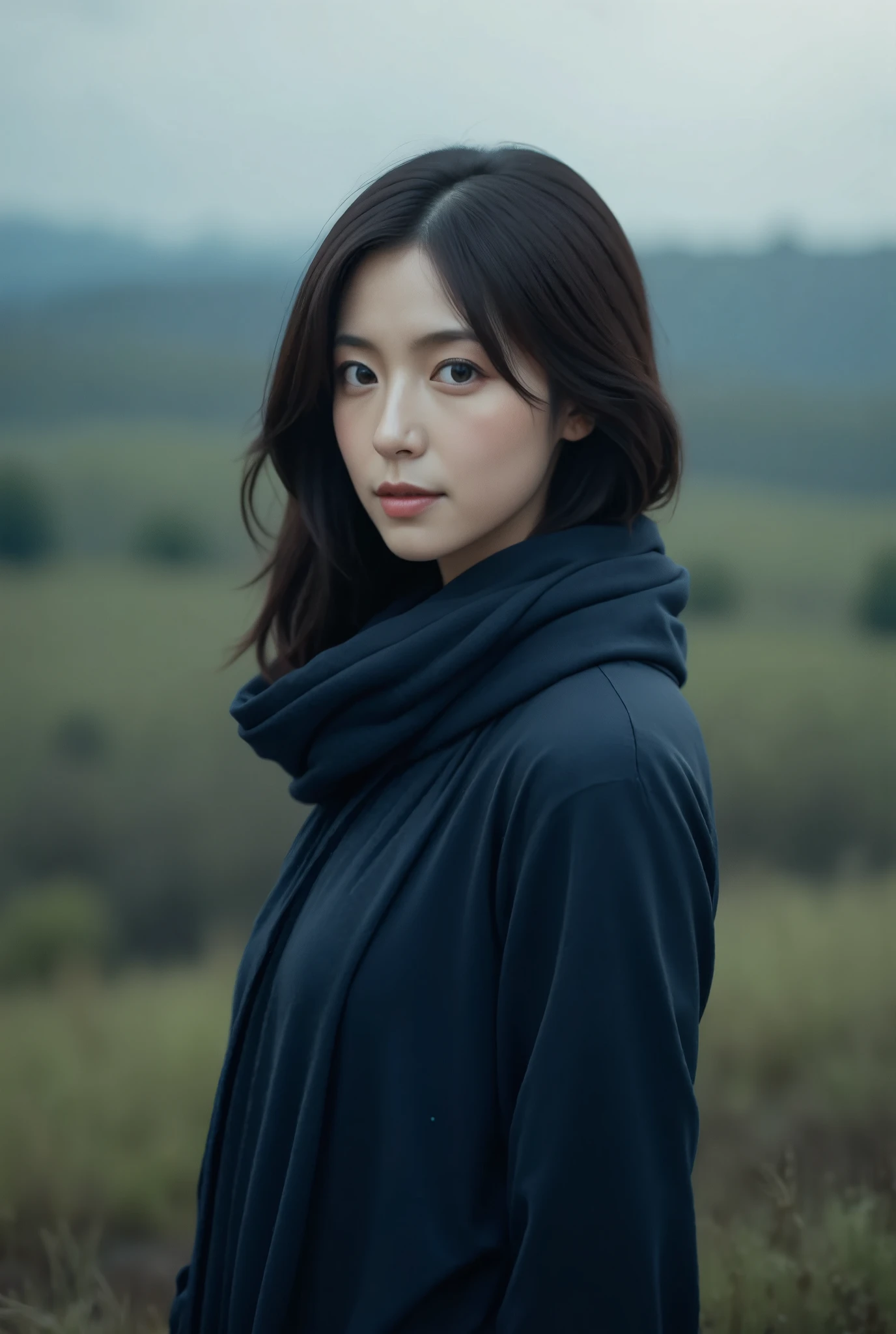 8K, best quality, masterpiece, realistic, ultra detail, photo realistic, Increase quality, a photo of a asian woman standing in a field with a scarf, in the style of dark and brooding designer, voluminous mass, photobash, serene faces, jagged edges, navy, natural beauty, 
