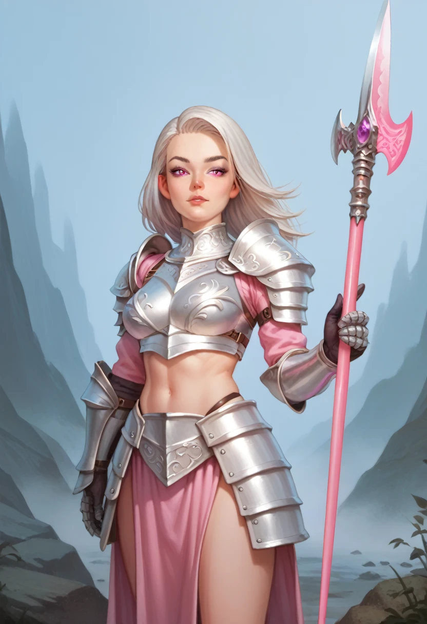 Pink-skinned humanoid woman, bright purple eyes, Long silver hair, Silverscale Armor with Magic Scythe