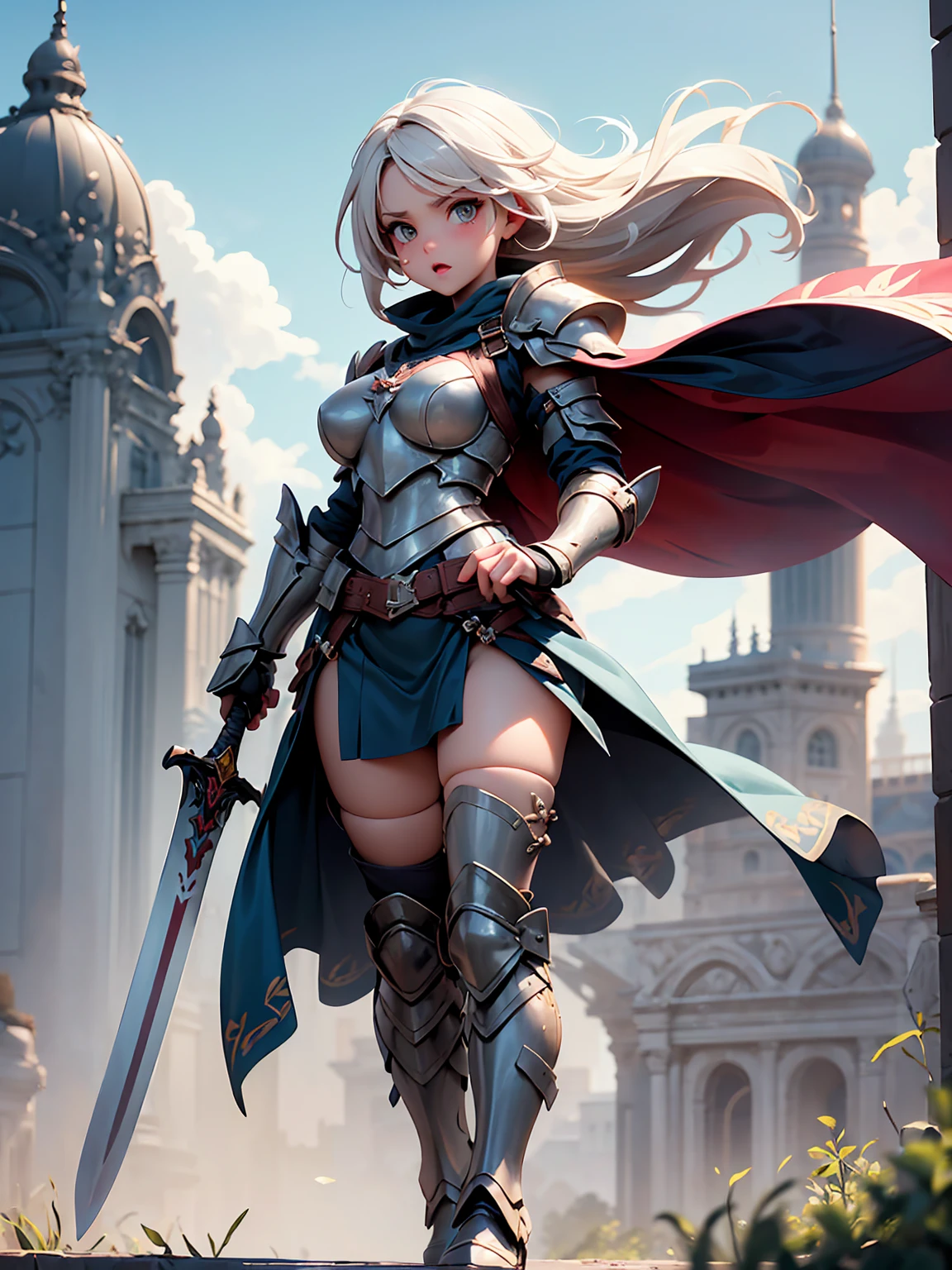 A girl wielding a sword,17 years old,Blonde long hair,Green Eyes,Silver metal armor covering the upper body,pleated micro mini skirt,Thigh-length silver metal boots,Big red cape,white thigh high stockings,Holding a beautifully decorated long sword,Jump and slash at the enemy,(((Open your legs and hold your sword:1.5))),((Perfect beautiful girl:2.0)),((Slim figure)),Silver gauntlet,(Full body up to the toes),A windswept, desolate wilderness,(Panty shot:1.2),(((Ultra-high resolution:1.5))),((Highly detailed eyes))