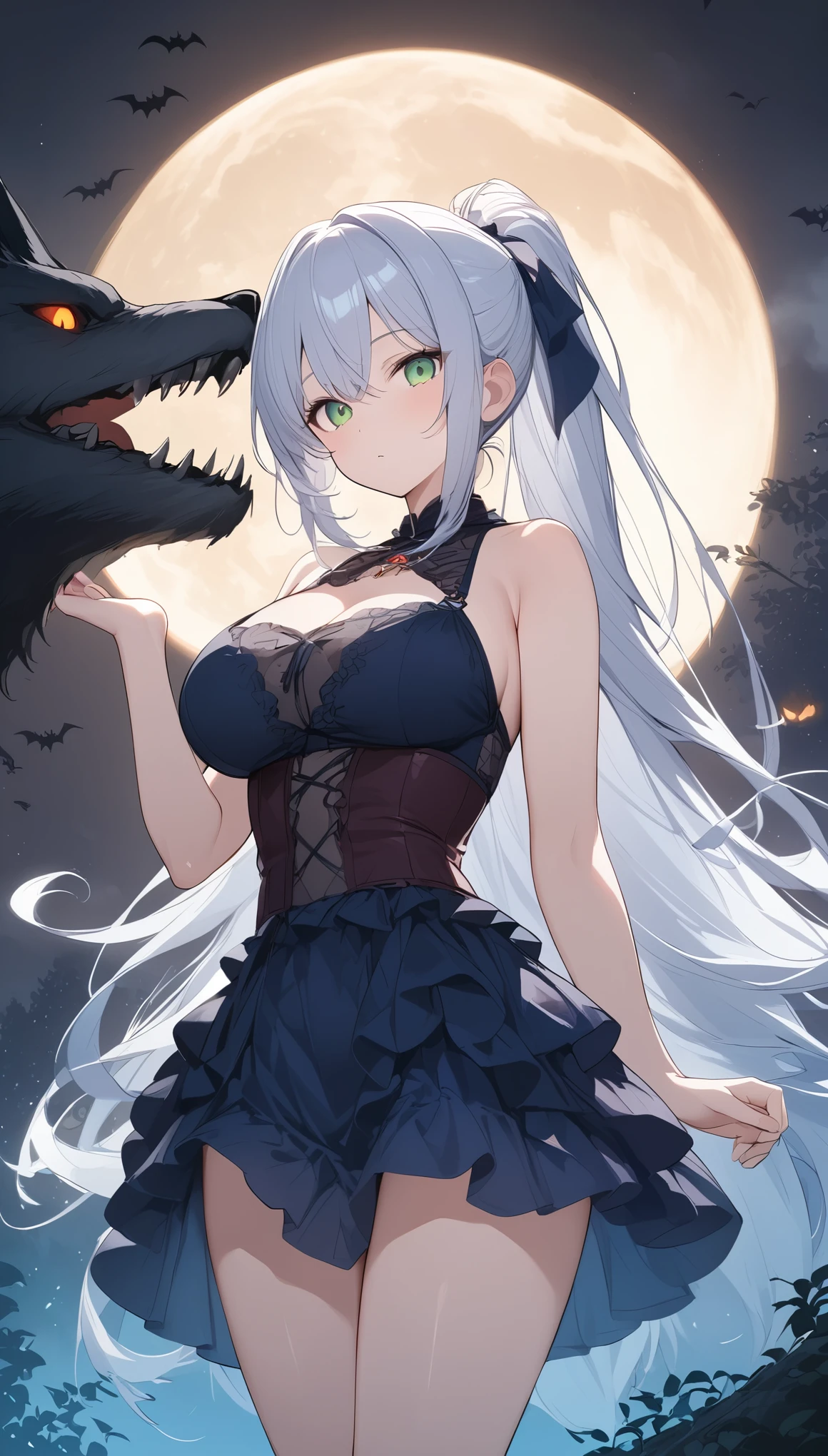 One Girl，expressionless、young girl、((sexy halloween costumes))、（Those piercing green eyes that seem to look directly into your soul.）、(Silver Hair)、(Long Hair)、Bang between the eyes、ponytail、、Wolf ears and tail、Big Breasts、 masterpiece、Best Quality、High resolution、、Very detailed、Translucent white skin、A full moon night, with a werewolf howling at the glowing full moon in the dark forest. The enormous moon lights up the werewolf's silhouette, while trees sway in the wind and leaves rustle. The vivid colors and dynamic movement typical of anime bring the scene to life, blending fear and the raw power of nature in a dramatic way.