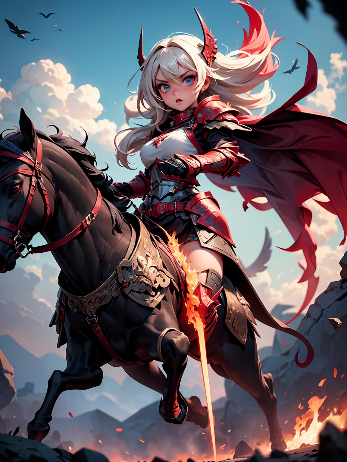 sexy swordsman knight woman riding on a horse on the battlefield