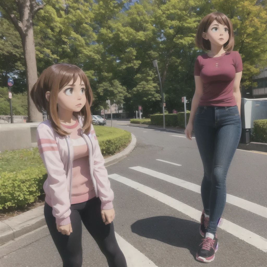 (Hyperrealistic girl: 1.2), ((Ochako Uraraka)), (My hero), full body, pretty face, thinking about the future, big green eyes, Beautiful pose, greets happily, (long brown hair), (Casual clothing), medium breasts: 1.3, central park, Hyperrealistic, cinematic lighting, (Octane representation)