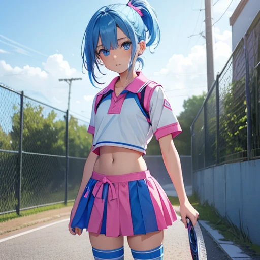 blue eyes, hair ornaments, Hair Ribbon,Show your forehead、short hair、Twin tails、 Random color tennis wear, clavicle, View your viewers,, Thighs, blush,, Lace choker, short hair,, No bra,,Highly detailed skin, Highly detailed face, (beautiful Fine grain, the girl, Red cheeks), (A girl is standing), The girl is a cute 18-year-old tennis player., (Not wearing a bra,, ((Tennis shoes)), The girl has a toned figure., Pink tennis wear, Sun visor, 汗y hair and body, Wipe your 汗 with a wristband, Tennis court, ((I took the photo from the front、Girls&#39;Includes the whole body)), flowing、Fine grain, Perfect functionality, ( Highest quality, good quality:1.4), Intricate details,Closely、Embarrassed expression、blush、Gestures to seduce a man、Shining Sweat、Perfect Skin,Sweat is noticeable、ThighsのSweat is noticeable、 Fair skin,Tight waist, Sweating profusely、Sweaty hair、Sweaty clothes、Sweaty、Visible sweat、rain-wet hair、A vast Western church with stained glass windows、Holding a Japanese sword、Athlete System、cherry blossoms、Blonde、Silver Hair