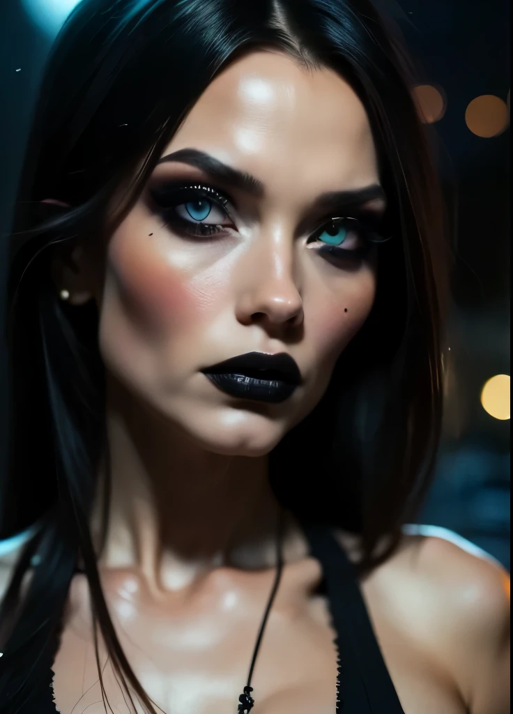 (masterpiece,detailed,highres:1.4) , model shot, close up, detailed face, fine detailed eyes, The most beautiful gothic girl in the world, ((long black hair with fringe, goth makeup)), ((hot Body)), form fitting clothing, pantyhose, ((dark cemitery background, night, under The moonlight)), gothic theme, gothic clothing, natural lighting. UHD, accurate, textured skin, super detail, high details, high quality, highres, 1080P, 4K