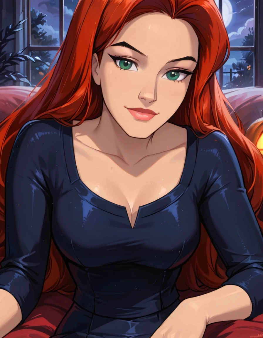 score_9, score_8_up, score_7_up, cinematic film still, solo, 1girl, very sexy (Jean Grey, Evolution, long hair, red hair, green eyes:1.3), (beautiful waifu, thicc:1.2), (wearing tight pencil skirt, tight button down blouse:1.4) cleavage, sexy look, sweet smile, half-closed eyes, head tilt, filled lips, thick lips, makeup, relaxing on a large comfy sofa, in the living room, Halloween theme, haunted, night, dark, expressiveh d4rk01l, perfect hands, perfect proportions, dimly lit, (face portrait, close-up shot, face focus:1.5).