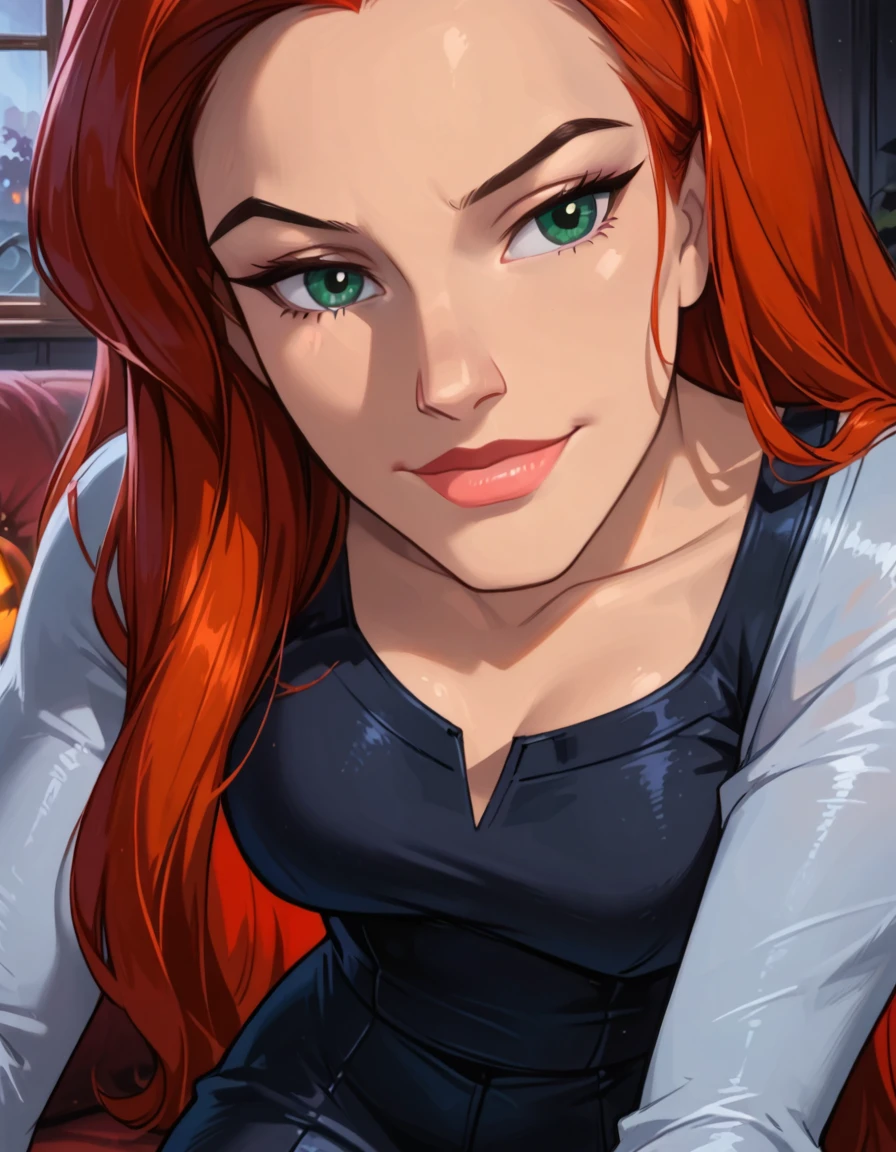 score_9, score_8_up, score_7_up, cinematic film still, solo, 1girl, very sexy (Jean Grey, Evolution, long hair, red hair, green eyes:1.3), (beautiful waifu, thicc:1.2), (wearing tight pencil skirt, tight button down blouse:1.4) cleavage, sexy look, sweet smile, half-closed eyes, head tilt, filled lips, thick lips, makeup, relaxing on a large comfy sofa, in the living room, Halloween theme, haunted, night, dark, expressiveh d4rk01l, perfect hands, perfect proportions, dimly lit, (face portrait, close-up shot, face focus:1.5).