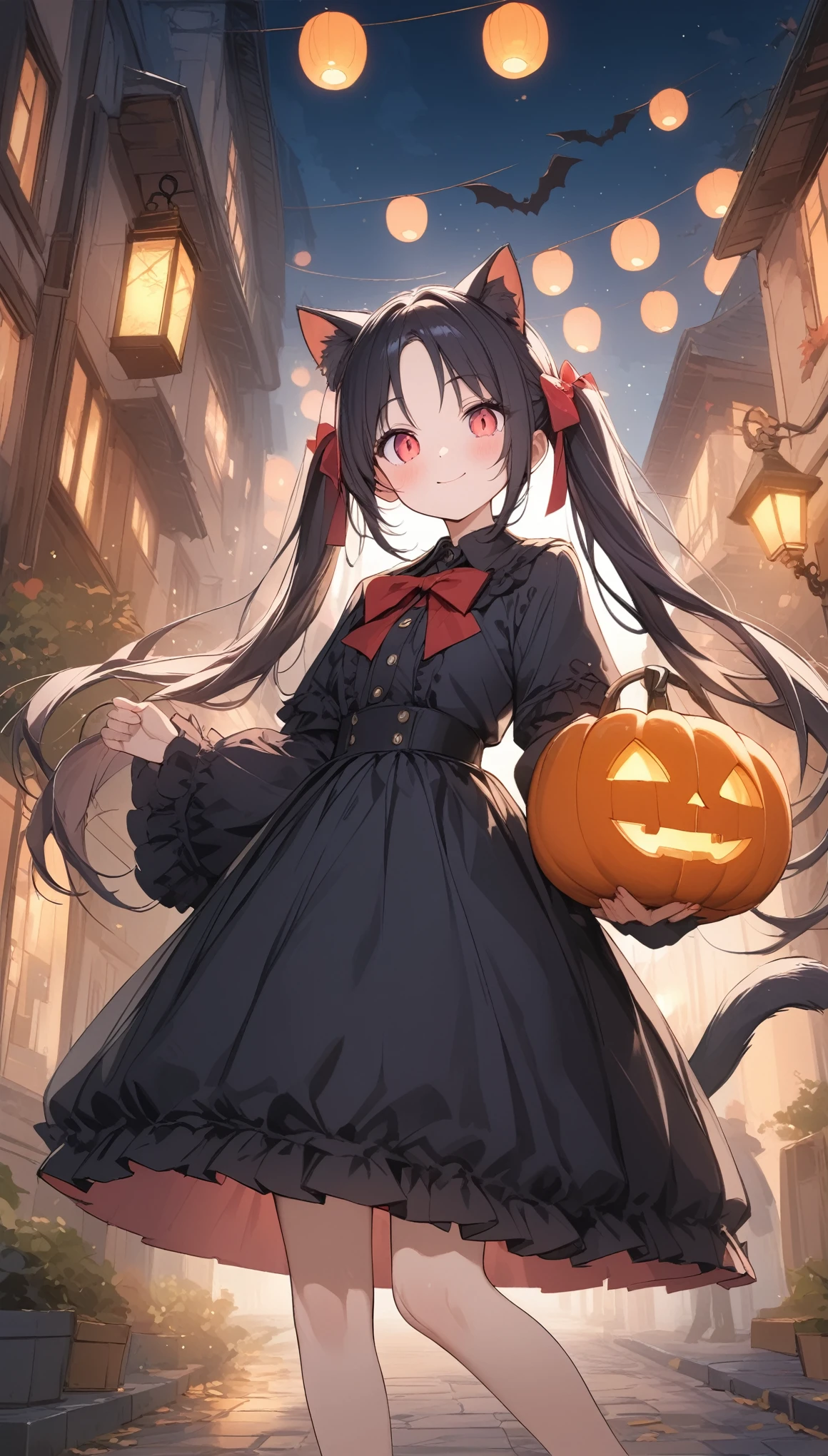 One girl、smile、blush、((halloween costume))、high school student、(slit pupils), (Red eyes), (Beautiful detailed eyes: 1.6)、Cat ears and tail、Black Hair、 parted bangs、Long Hair、Twin tails, masterpiece、Best Quality、High resolution、Very detailed、Clear white skin、Simple white background,Great graphics、A Halloween town, with eerie streets lined with gothic-style houses. Glowing pumpkin lanterns light up the streets as costumed residents stroll happily. The full moon shines in the sky, and bats fly overhead. Mist drifts through the scene, with the bright and colorful tones of anime creating a magical yet slightly spooky atmosphere.