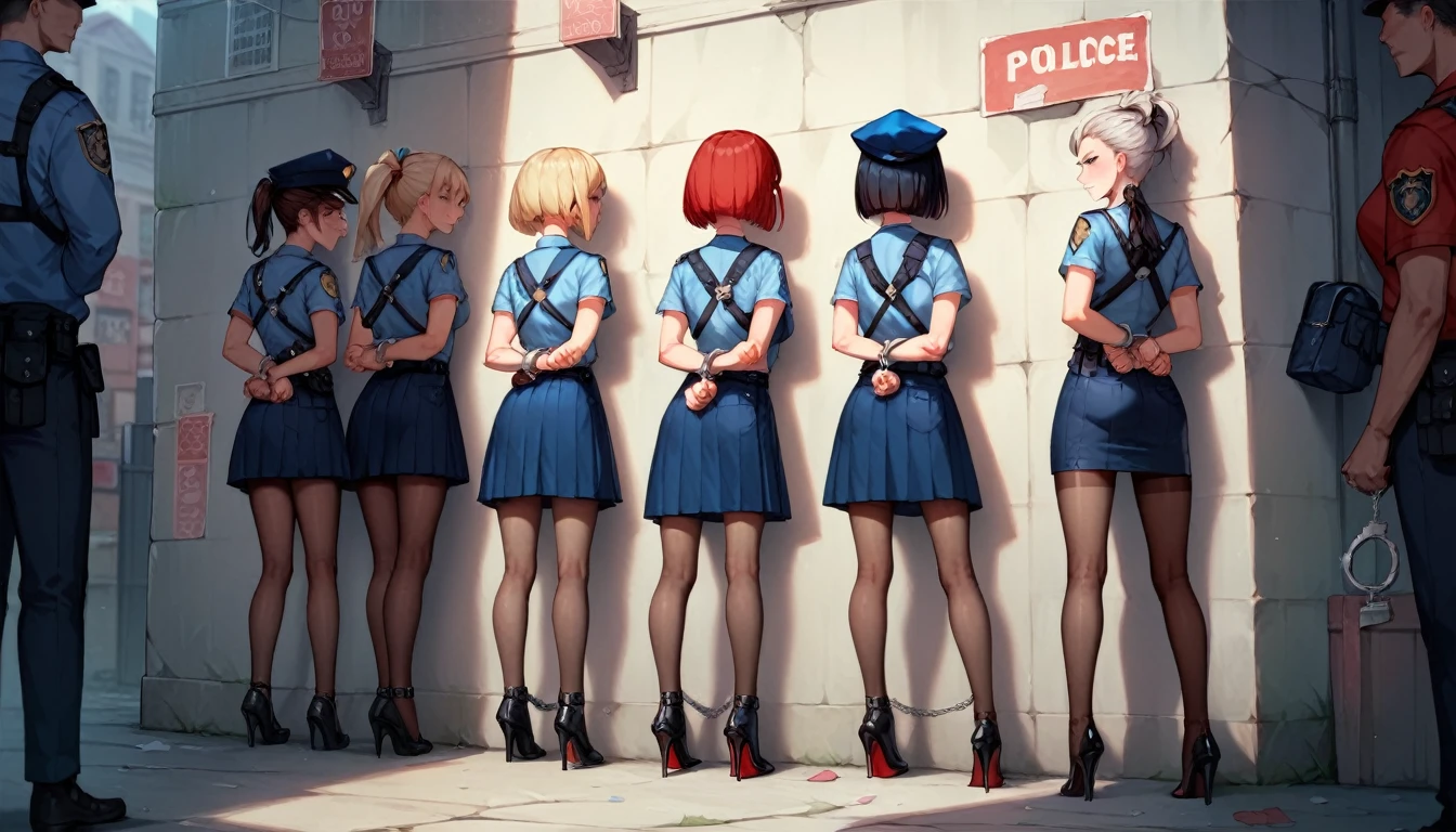 Police raid  , 4girls, 31 yo, prostitute, prostitute stand in a row against the wall facing the wall, handcuffed,  in handcuffs behind their backs, arms behind back, bound arms, dressed in different colour (red, blue, teal, grey) sexy latex dresses and transparent pantyhose and high heels, different hairstyles (ponytail, updo, twin tails, bob cut), 