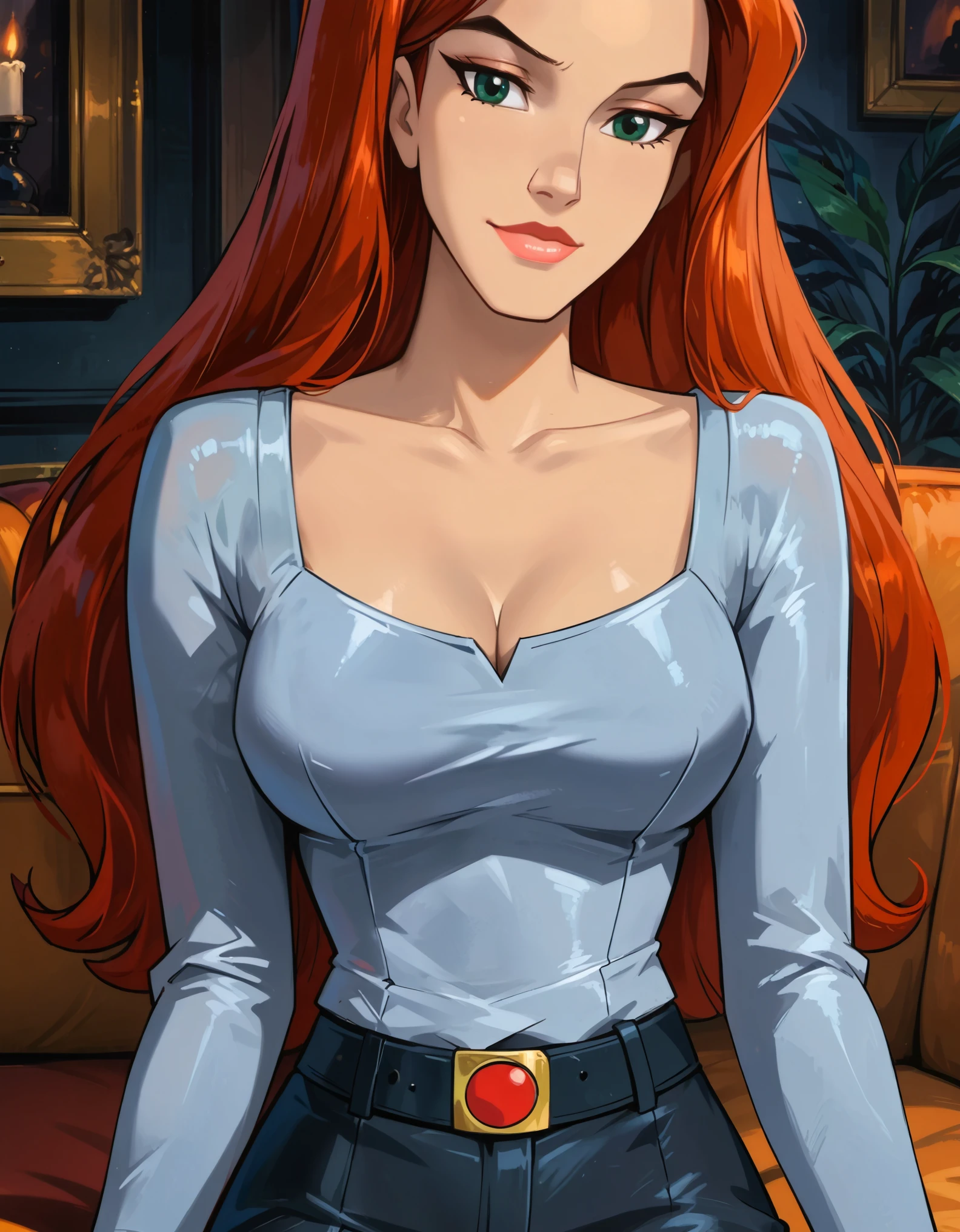 score_9, score_8_up, score_7_up, cinematic film still, solo, 1girl, very sexy (Jean Grey, Evolution, long hair, red hair, green eyes, retro artstyle:1.3), (beautiful waifu, thicc:1.2), (wearing tight pencil skirt, belt, blouse:1.4) cleavage, sexy look, sweet smile, half-closed eyes, head tilt, filled lips, thick lips, makeup, relaxing on a large comfy sofa, in the living room, Halloween theme, haunted, night, dark, expressiveh d4rk01l, perfect hands, perfect proportions, dimly lit, (face portrait, close-up shot:1.5).