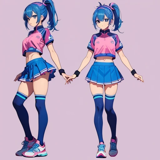 a petite feminine girl with blue hair in a ponytail, blue eyes, flat chest, thin waist, navel, wearing pink and blue combination badminton uniform having skirt, matching stockings and shoes, full body view, whole body in image 