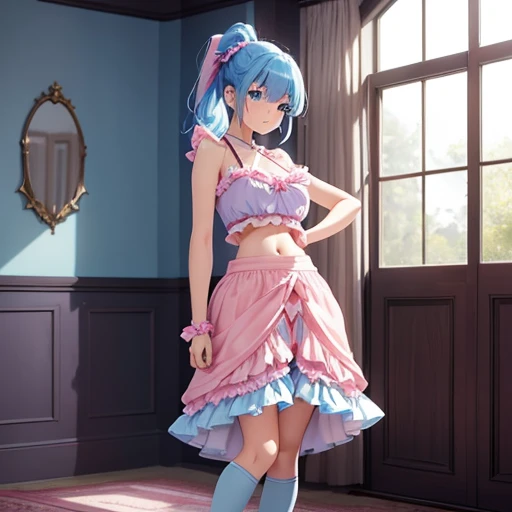 (masterpiece, best quality), (detailed face and eyes) Rem from Rezero, ((cat ears)) beautiful girl, (detailed beautiful eyes) underwear, pink ballet tutu, full body shot, short blue hair, blue eyes, visible bellybutton, ballet pose
