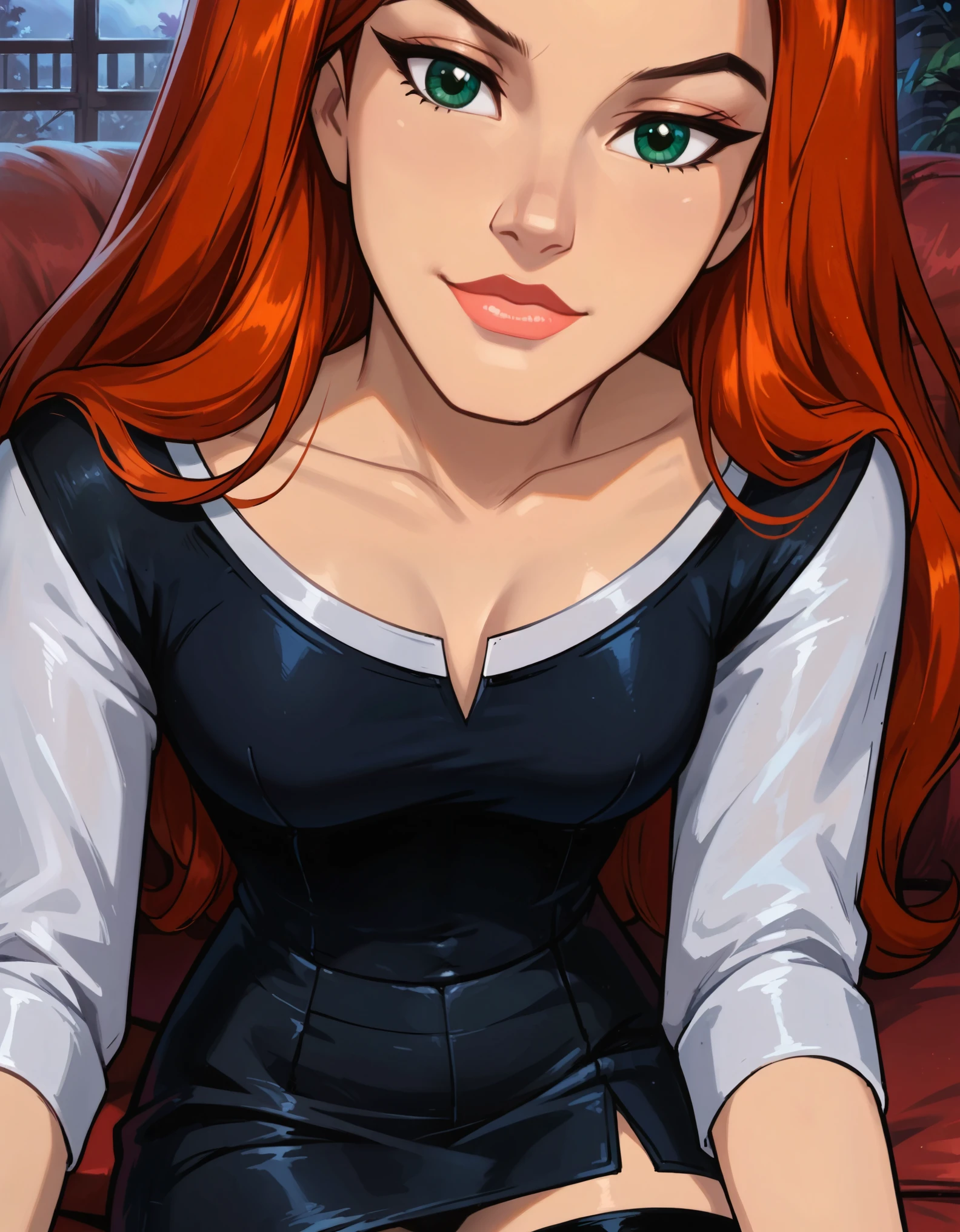 score_9, score_8_up, score_7_up, cinematic film still, solo, 1girl, very sexy (Jean Grey, Evolution, long hair, red hair, green eyes, retro artstyle:1.3), (beautiful waifu, thicc:1.2), (wearing tight pencil skirt, tight button down blouse:1.4) cleavage, sexy look, sweet smile, half-closed eyes, head tilt, filled lips, thick lips, makeup, relaxing on a large comfy sofa, in the living room, Halloween theme, haunted, night, dark, expressiveh d4rk01l, perfect hands, perfect proportions, dimly lit, (face portrait, close-up shot, face focus:1.5).